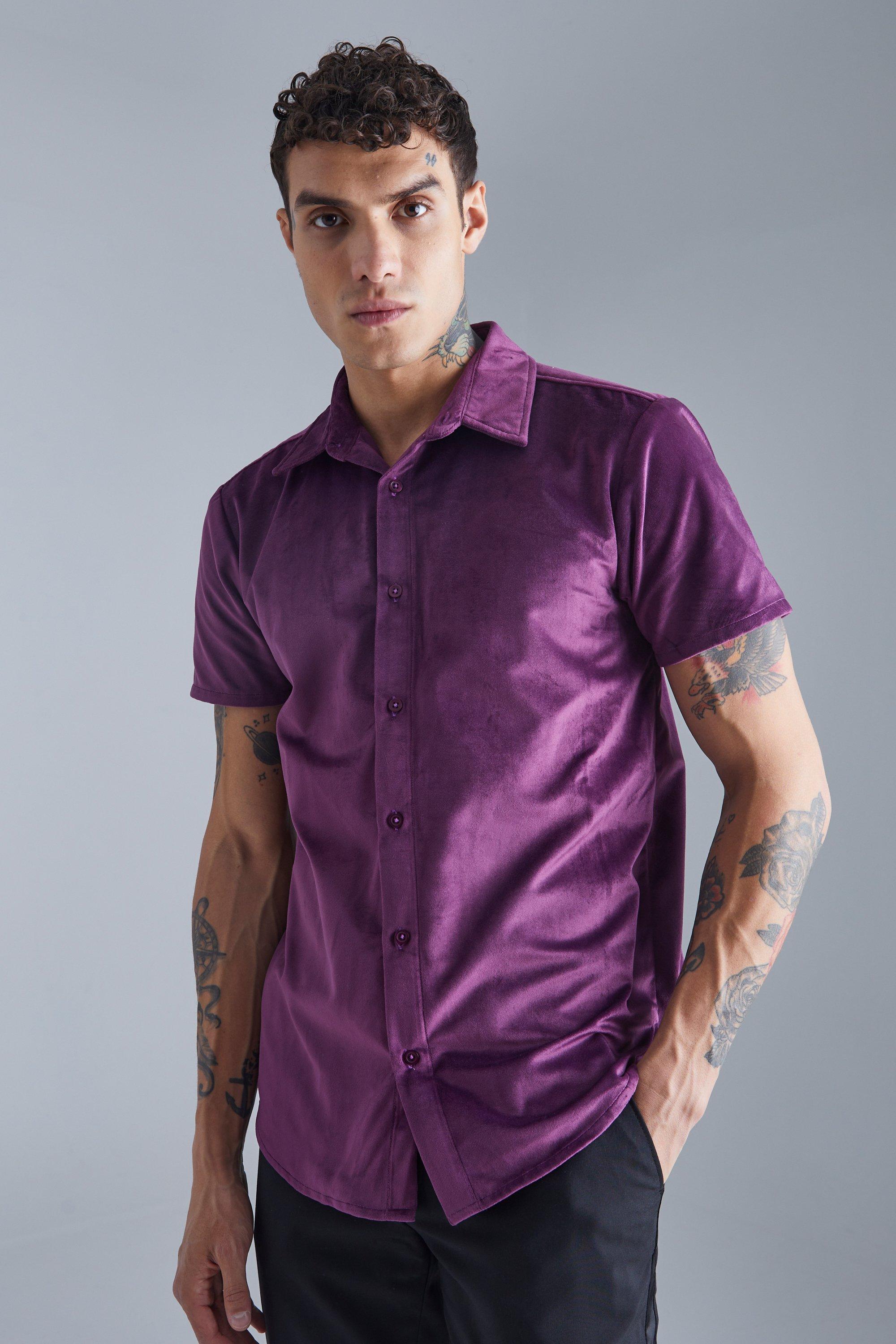 Mens Purple Short Sleeve Velour Shirt, Purple