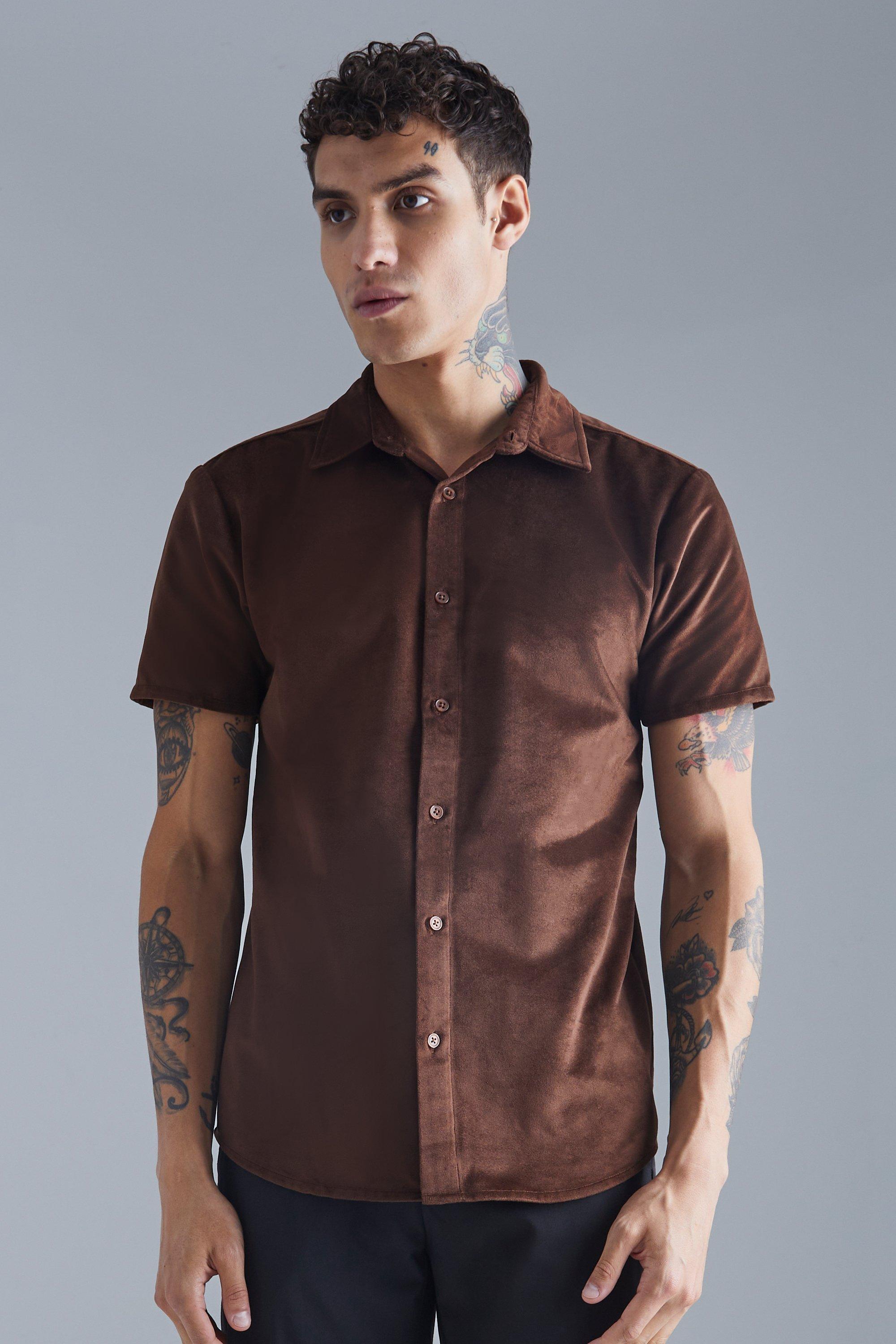 Mens Brown Short Sleeve Velour Shirt, Brown