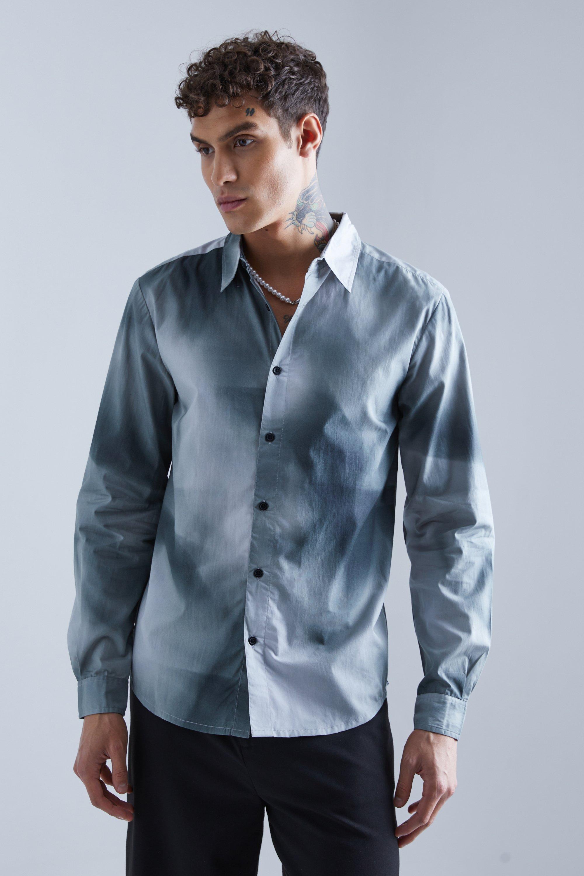 Mens Grey Long Sleeve Marble Printed Poplin Shirt, Grey