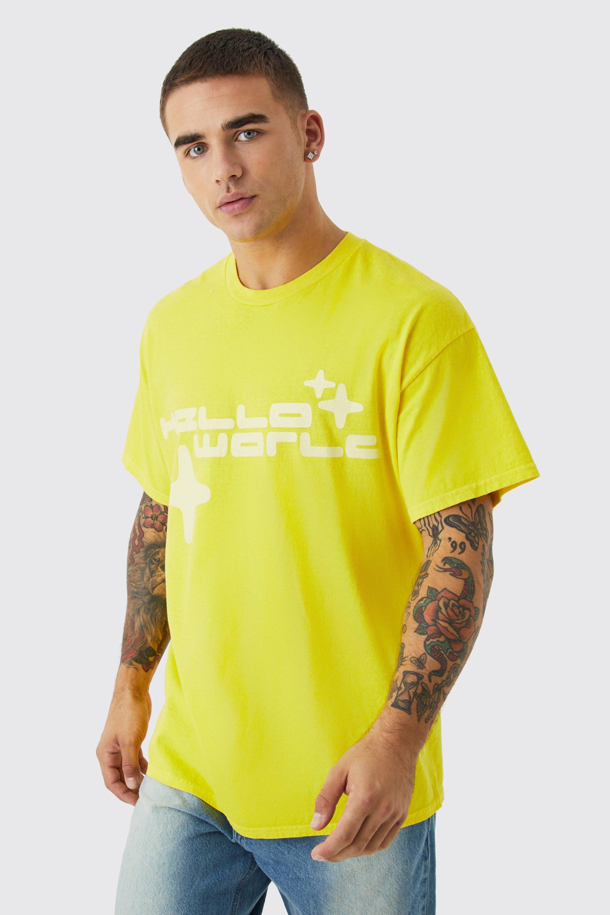 Mens Yellow Oversized Worldwide Wash Graphic T-shirt, Yellow