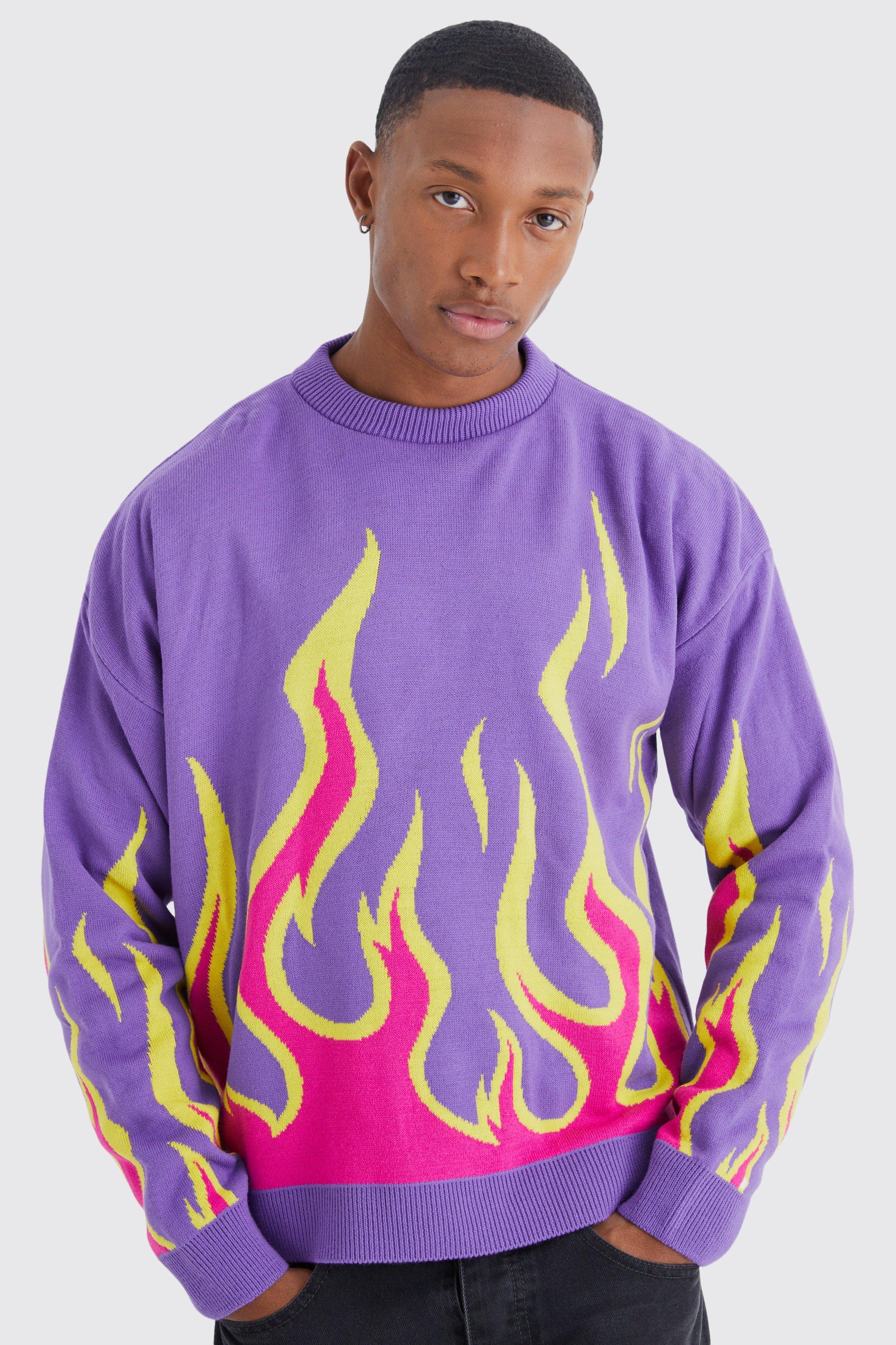 Mens Purple Boxy Flame Knitted Jumper, Purple