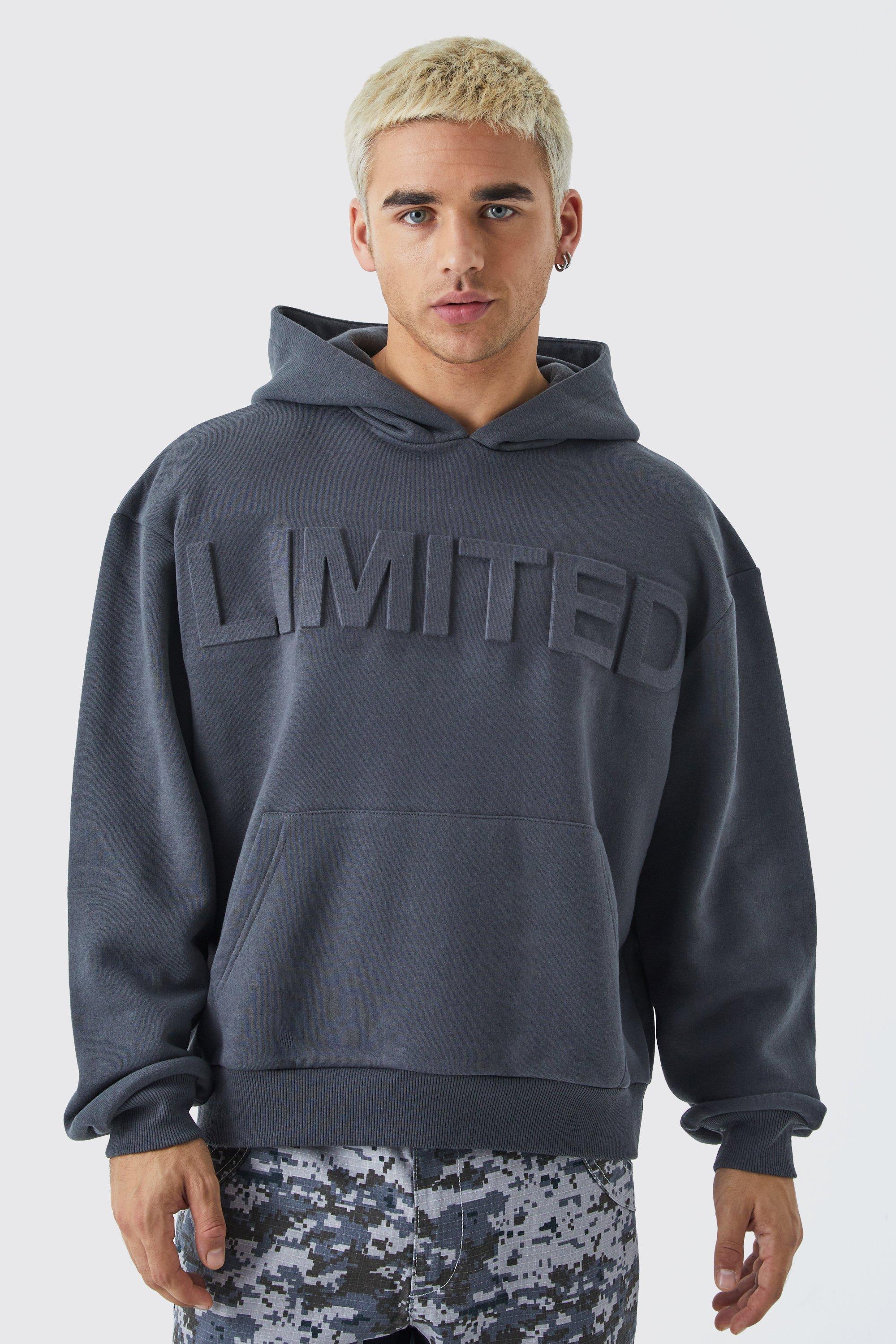 Mens Grey Oversized Boxy Limited Embossed Hoodie, Grey