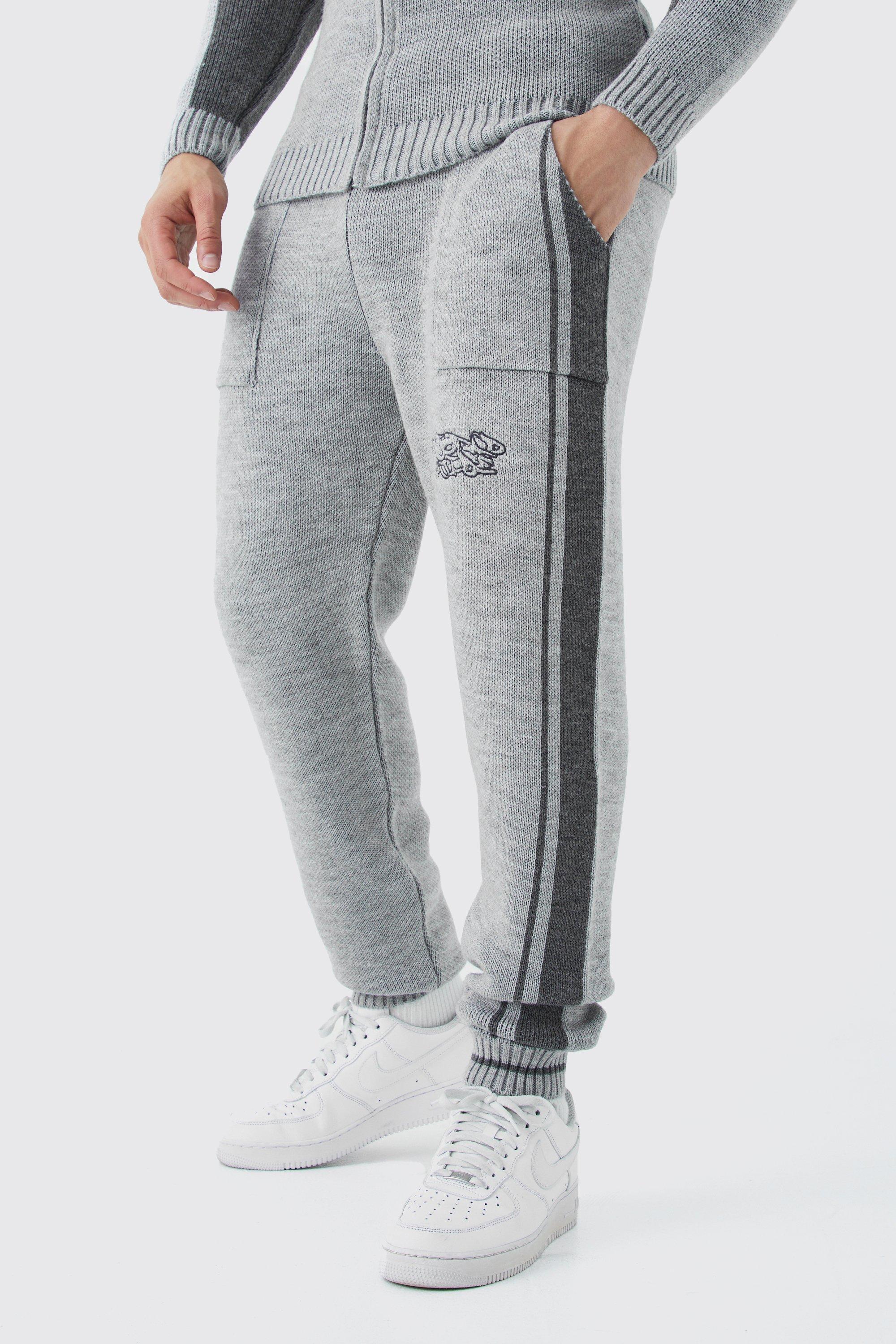 Mens Grey Relaxed Fit Pannel Knitted Jogger With Cuff, Grey