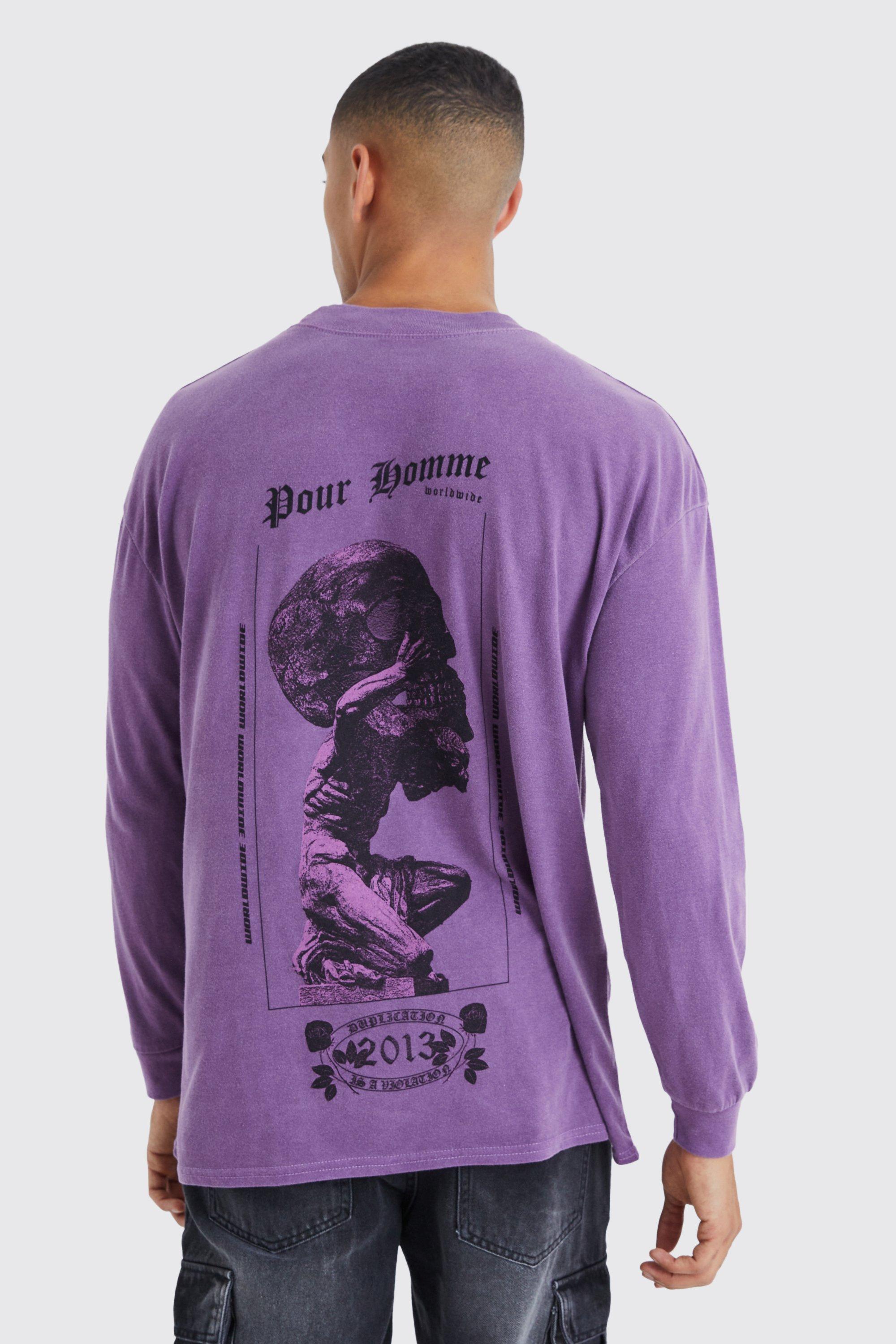 Mens Purple Oversized Long Sleeve Skull Overdye T-shirt, Purple