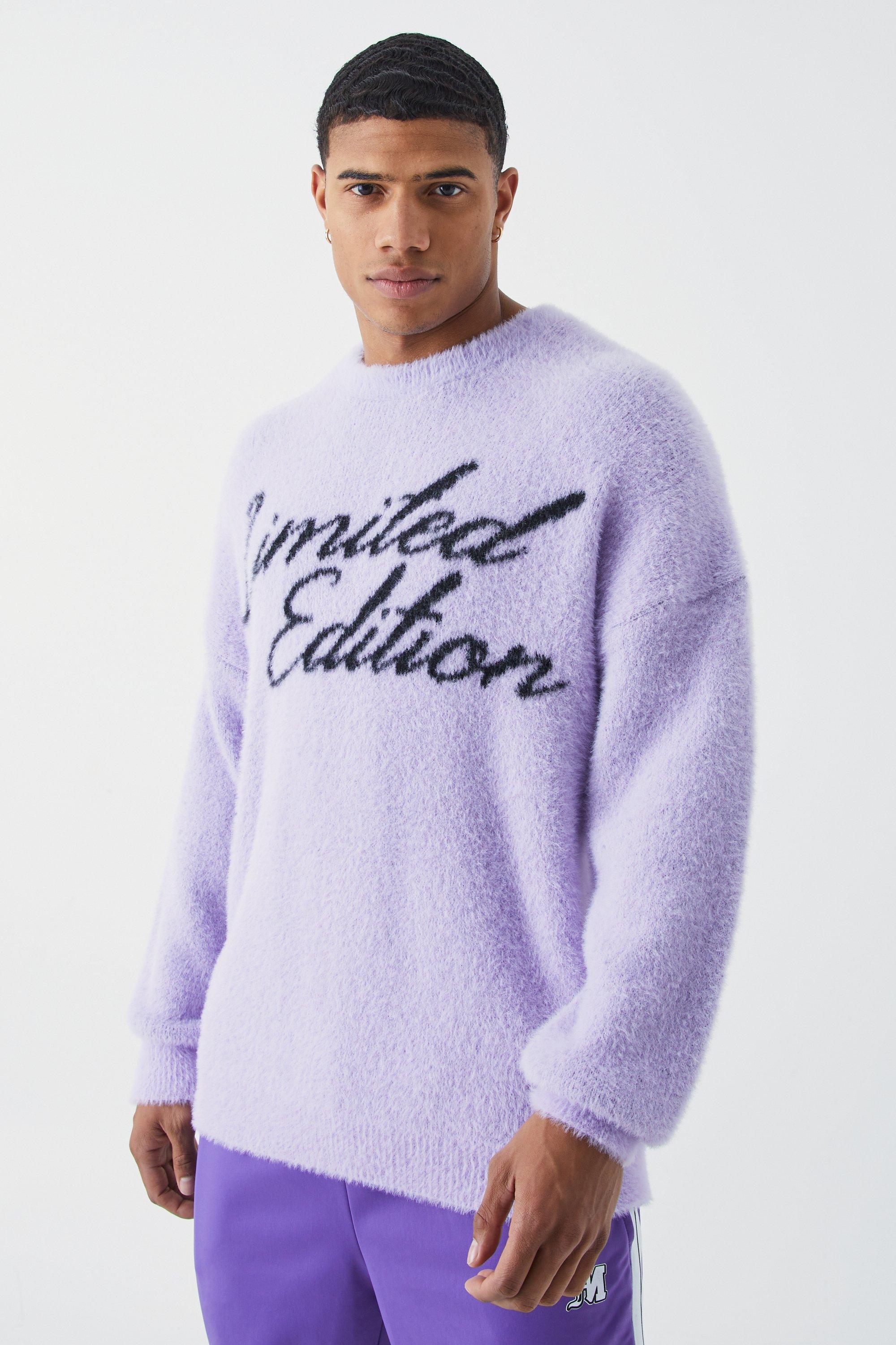 Mens Purple Oversized Fluffy Limited Edition Knitted Jumper, Purple