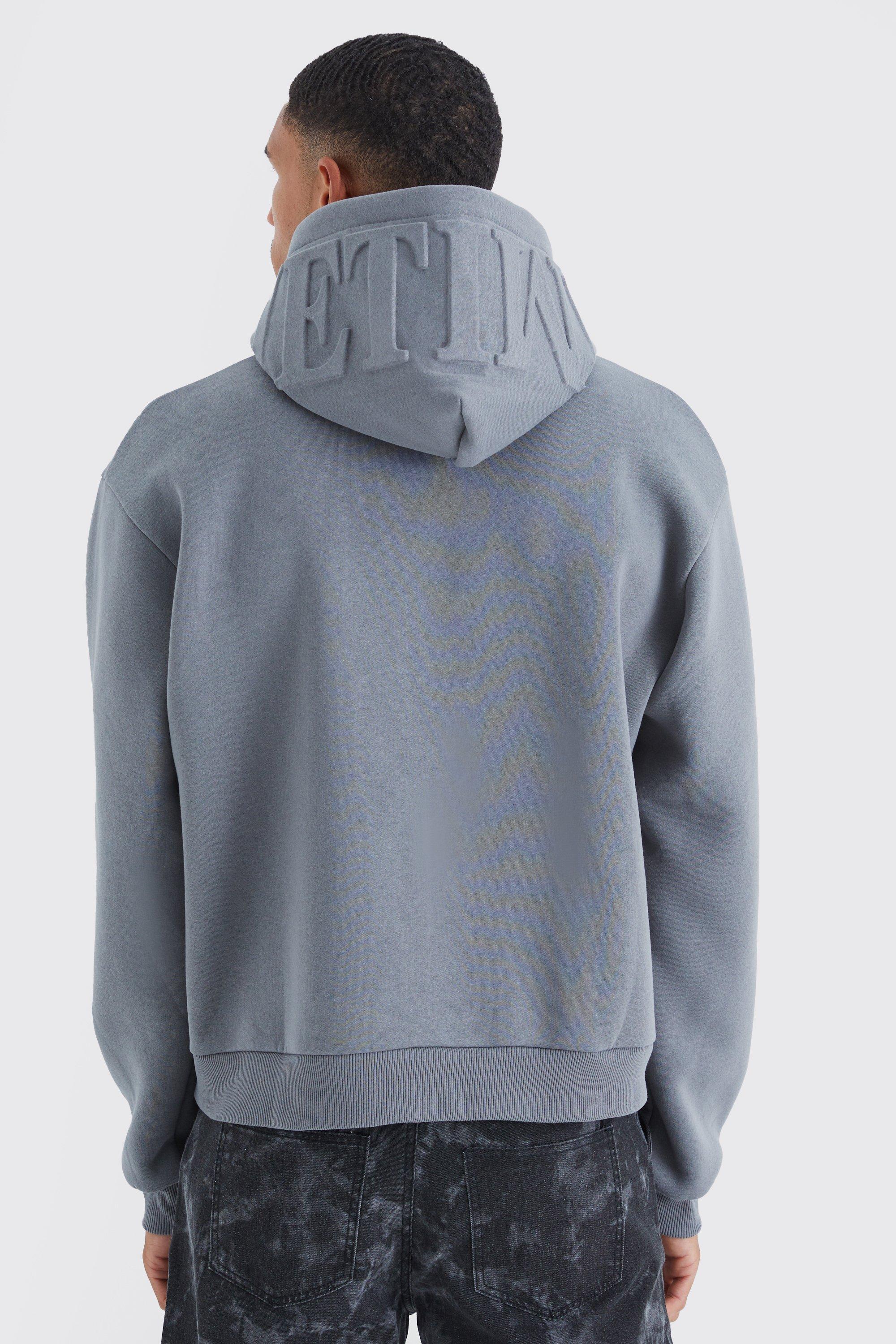 Mens Grey Tall Oversized Boxy Limited Embossed Hoodie, Grey