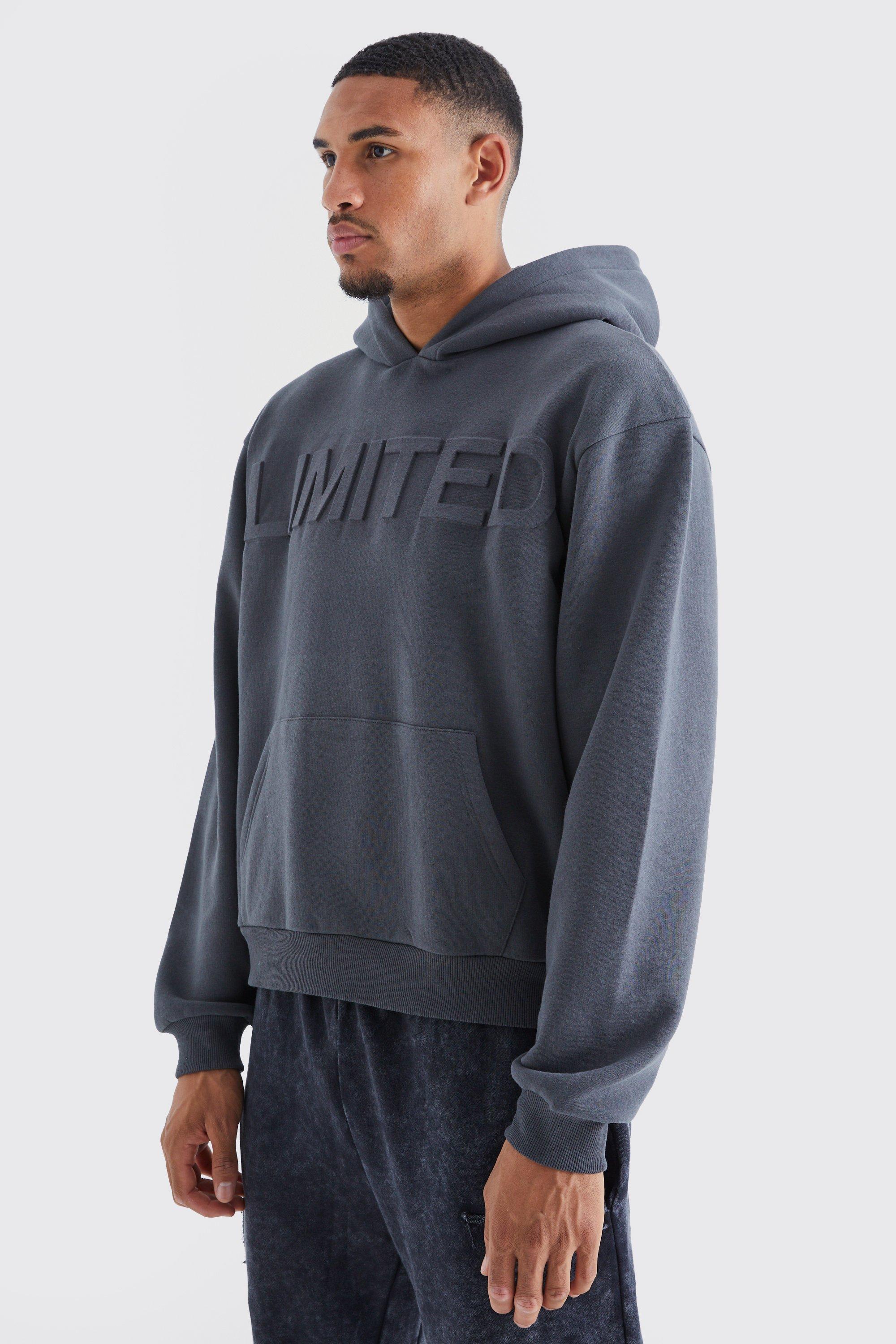 Mens Grey Tall Oversized Boxy Limited Embossed Hoodie, Grey