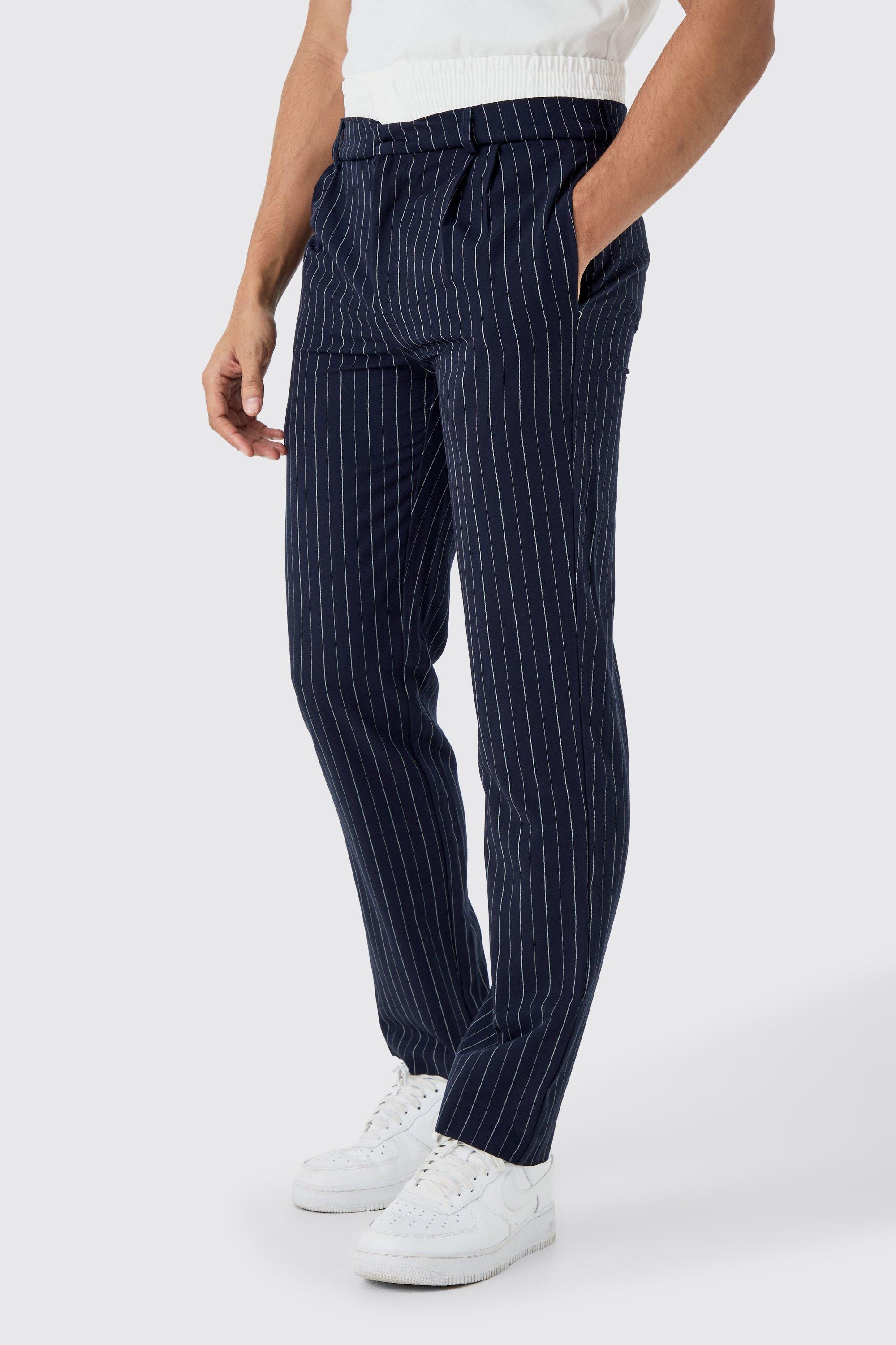 Mens Navy Boxer Waistband Pinstripe Tailored Trousers, Navy
