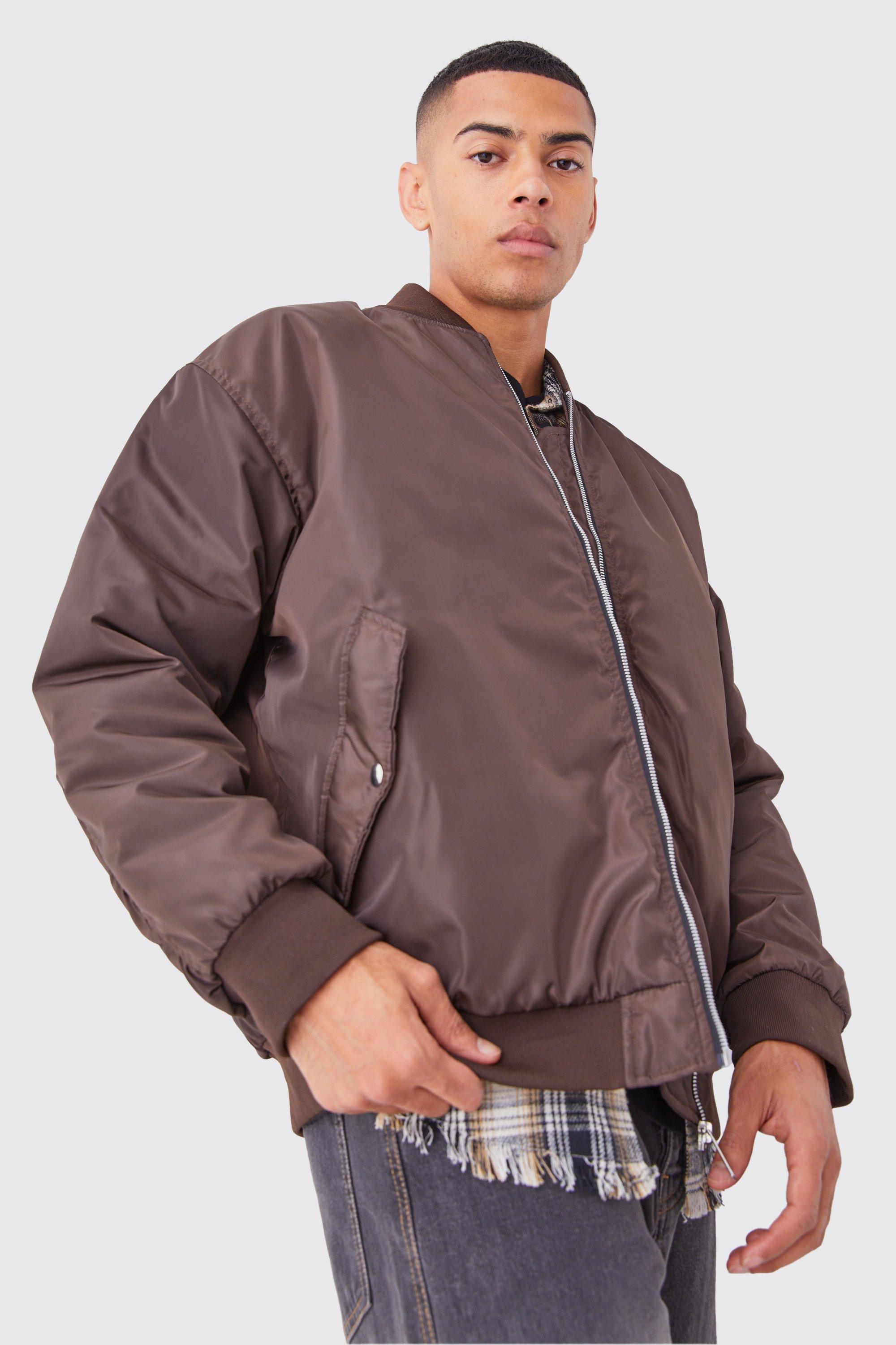 Mens Brown Oversized Nylon Bomber With Ruched Sleeves, Brown