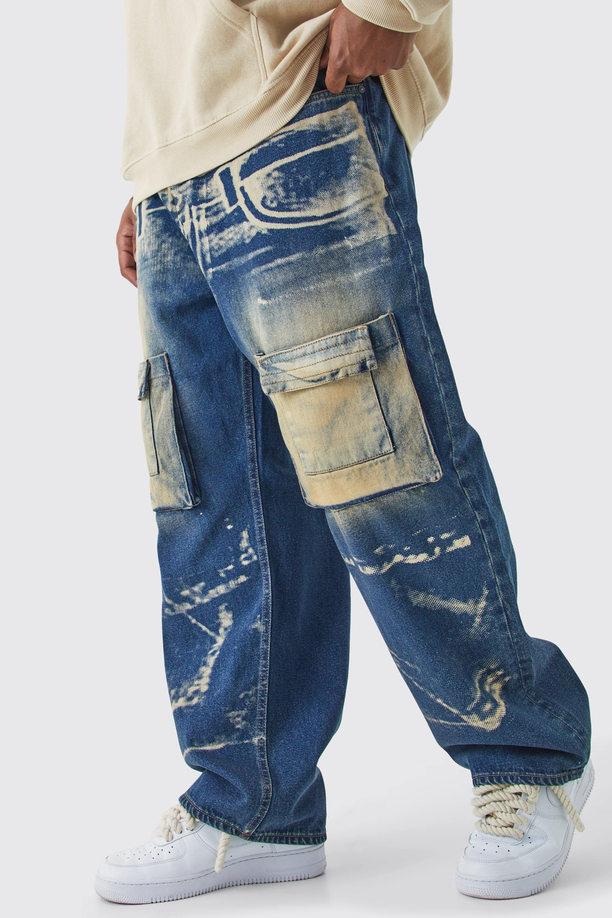 Image of Jeans Plus Size rilassati in denim rigido con raggi X in lavaggio acido, Grigio