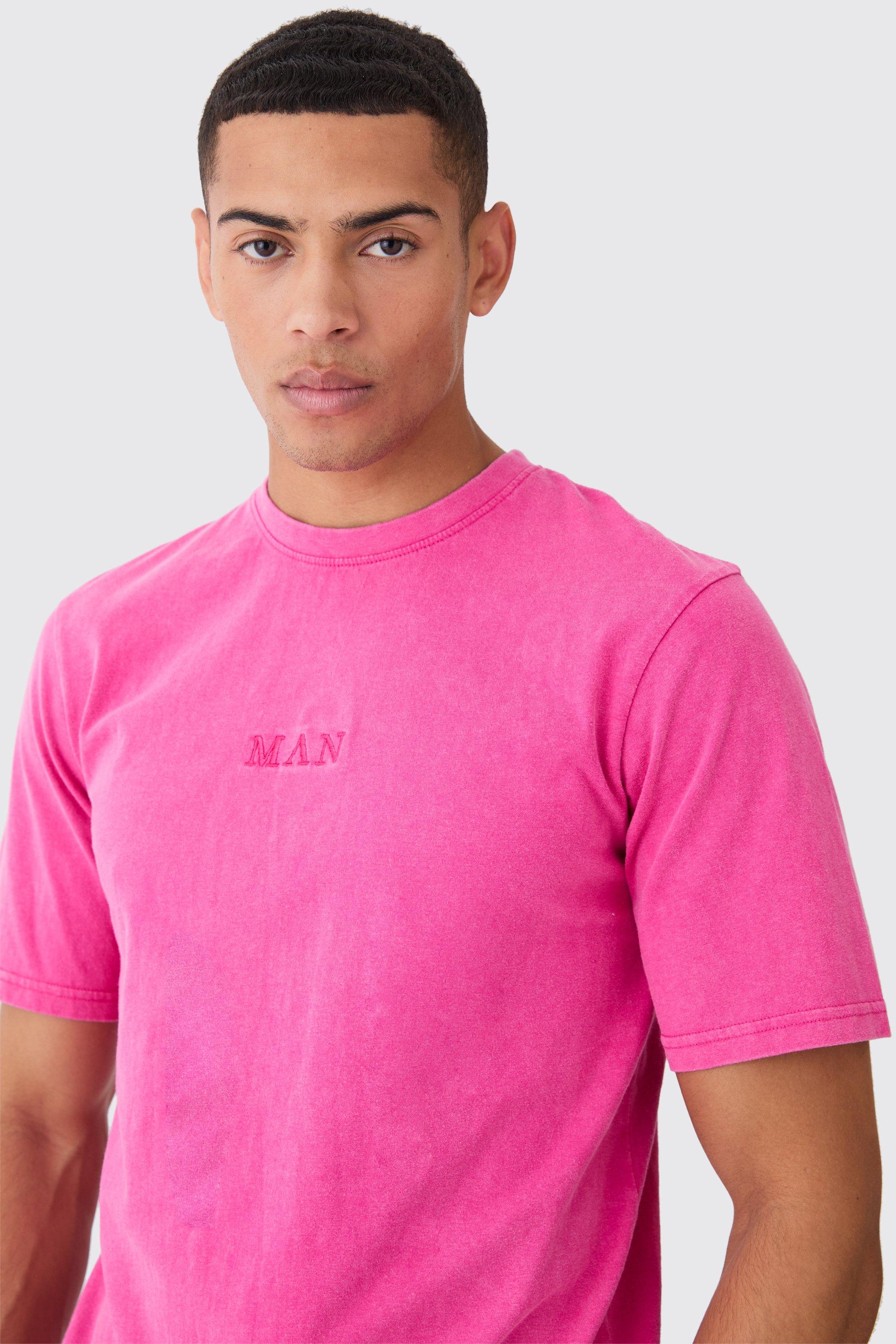 Image of T-shirt a girocollo Man in lavaggio acido con caratteri romani, Pink
