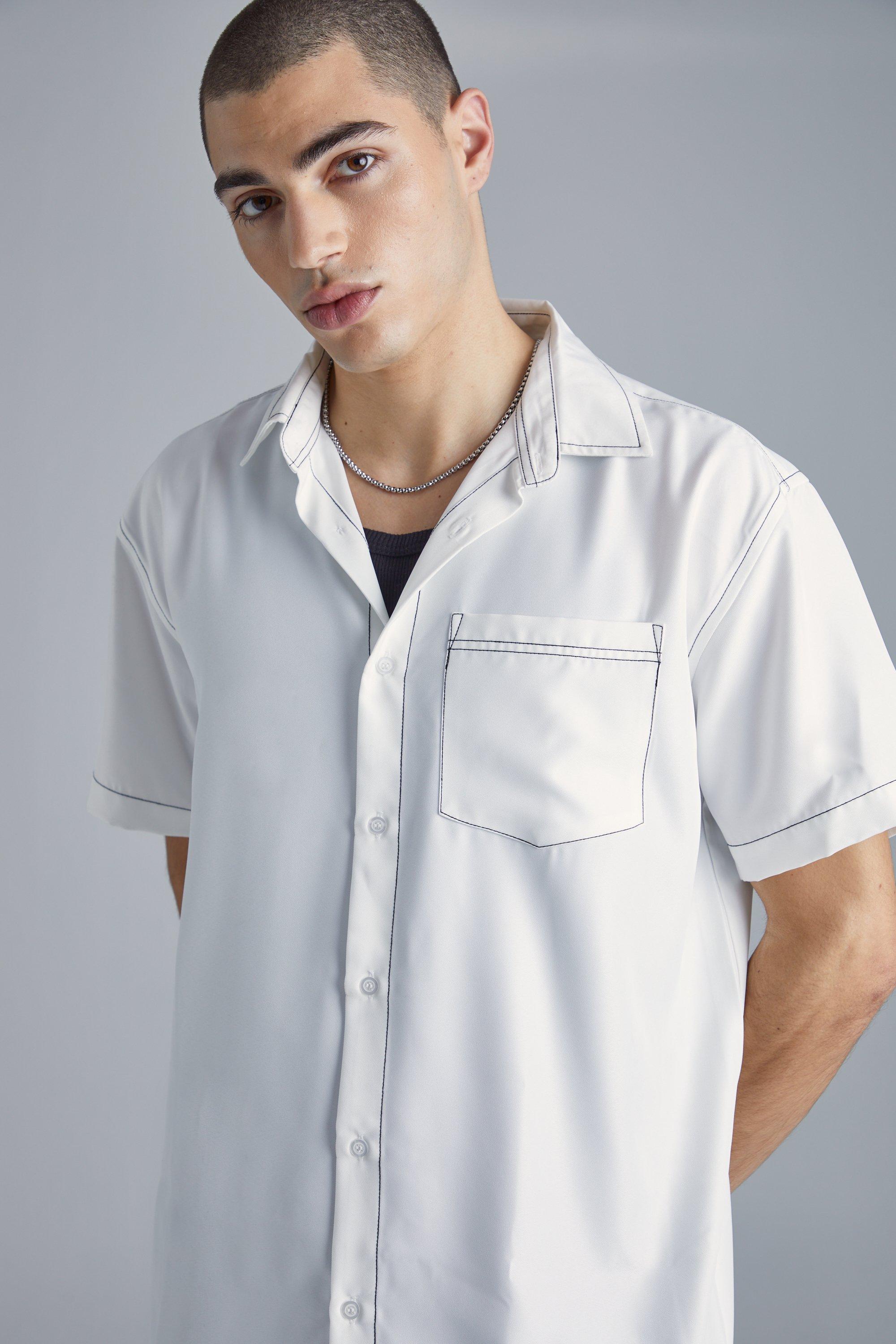 Mens White Oversized Soft Twill Contrast Stitch Shirt, White