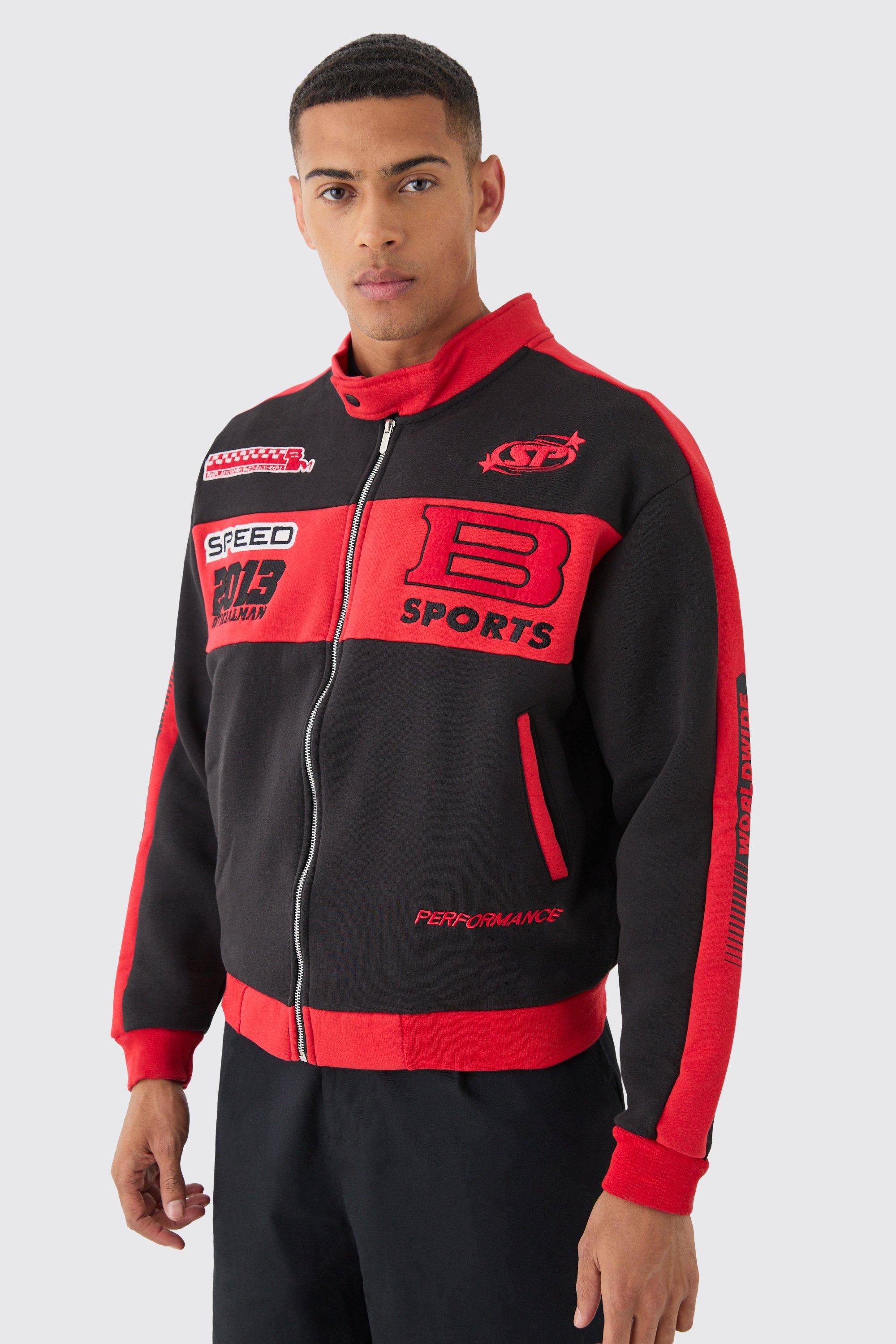 Mens Oversized Boxy Moto Embroidered Jersey Jacket, Red