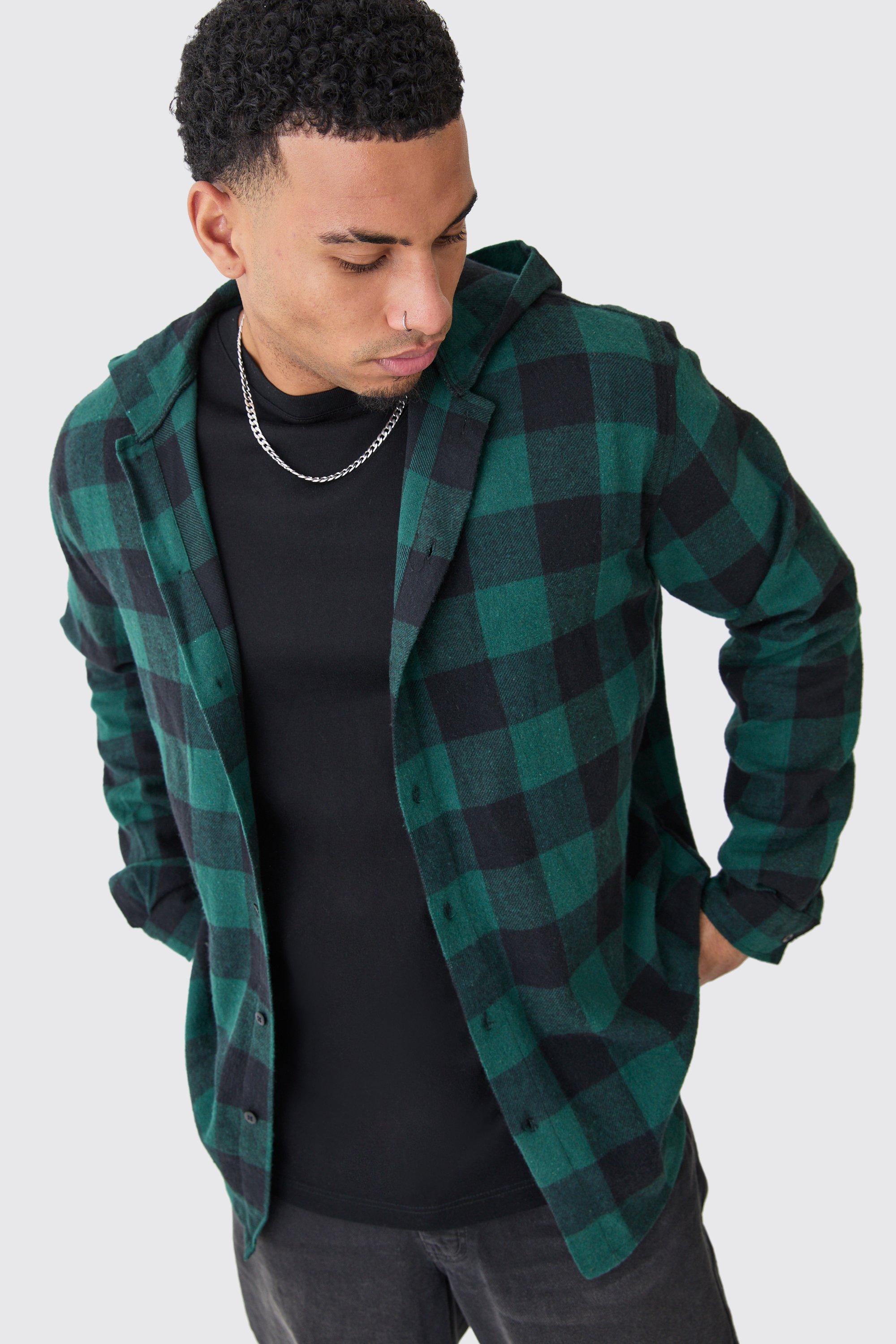 Mens Green Long Sleeve Oversized Hooded Button Through Check Shirt, Green