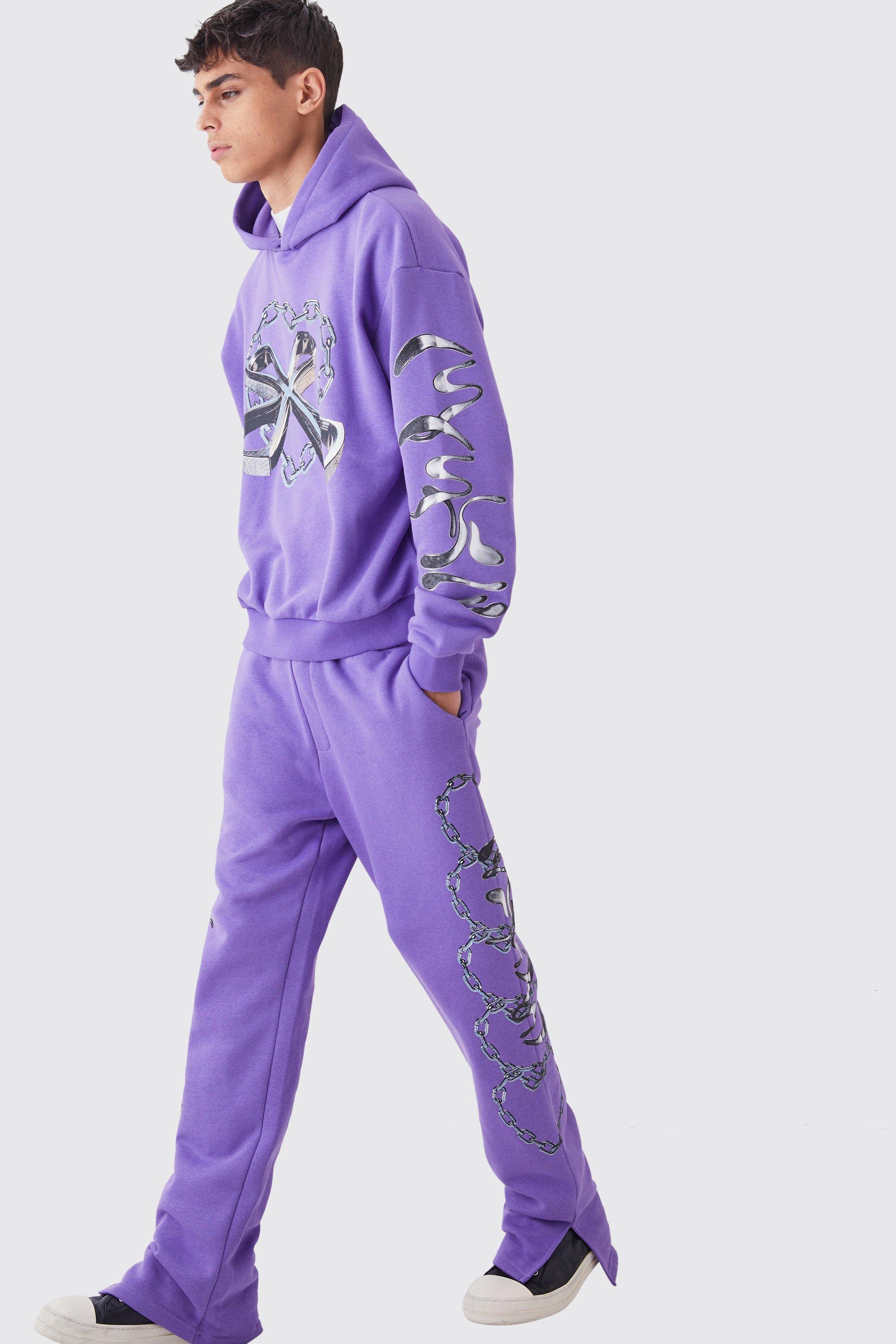 Mens Purple Oversized Boxy Chain Graphic Hooded Tracksuit, Purple