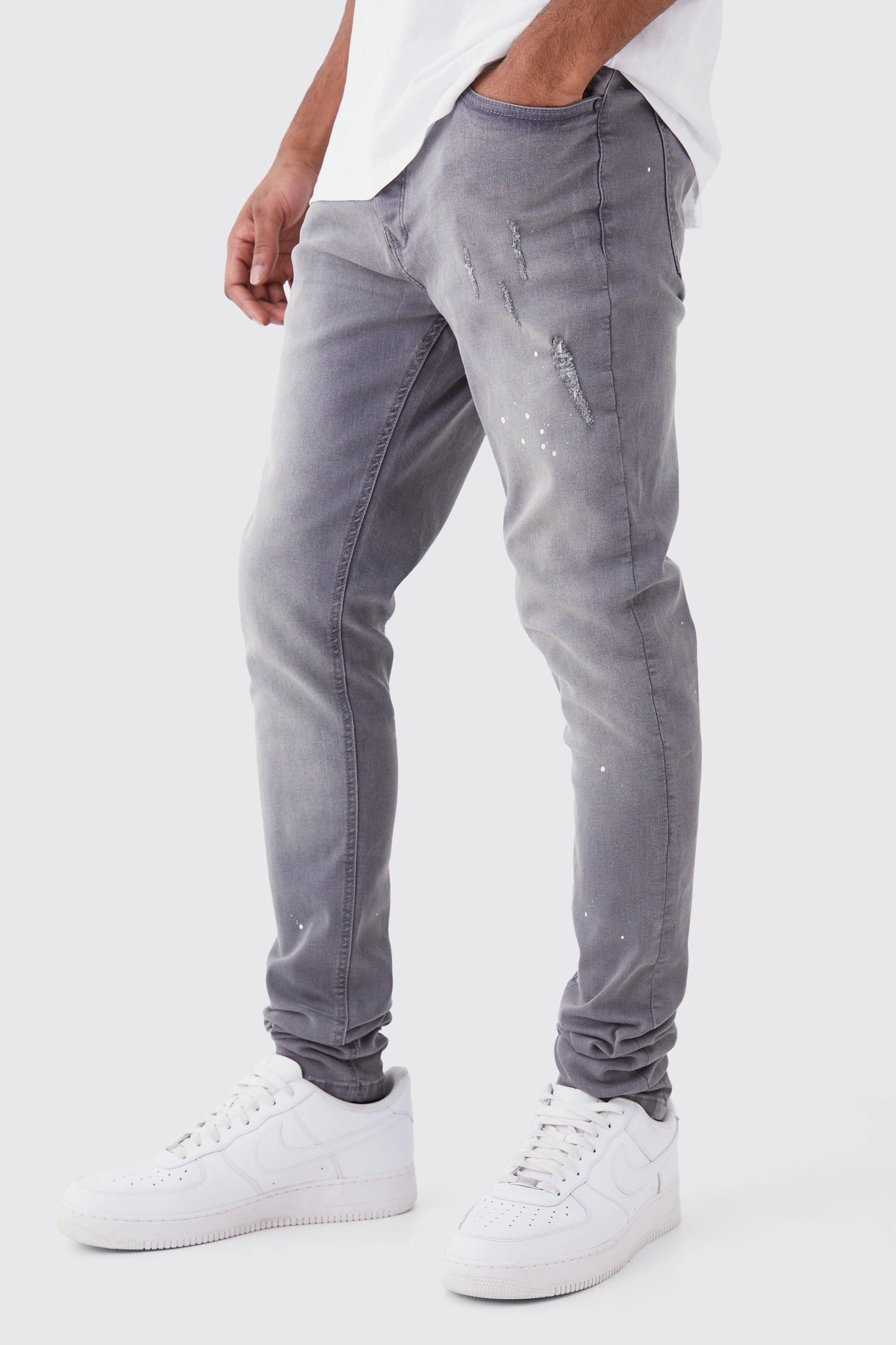 Mens Grey Tall Skinny Stretch Stacked Tinted Jeans, Grey