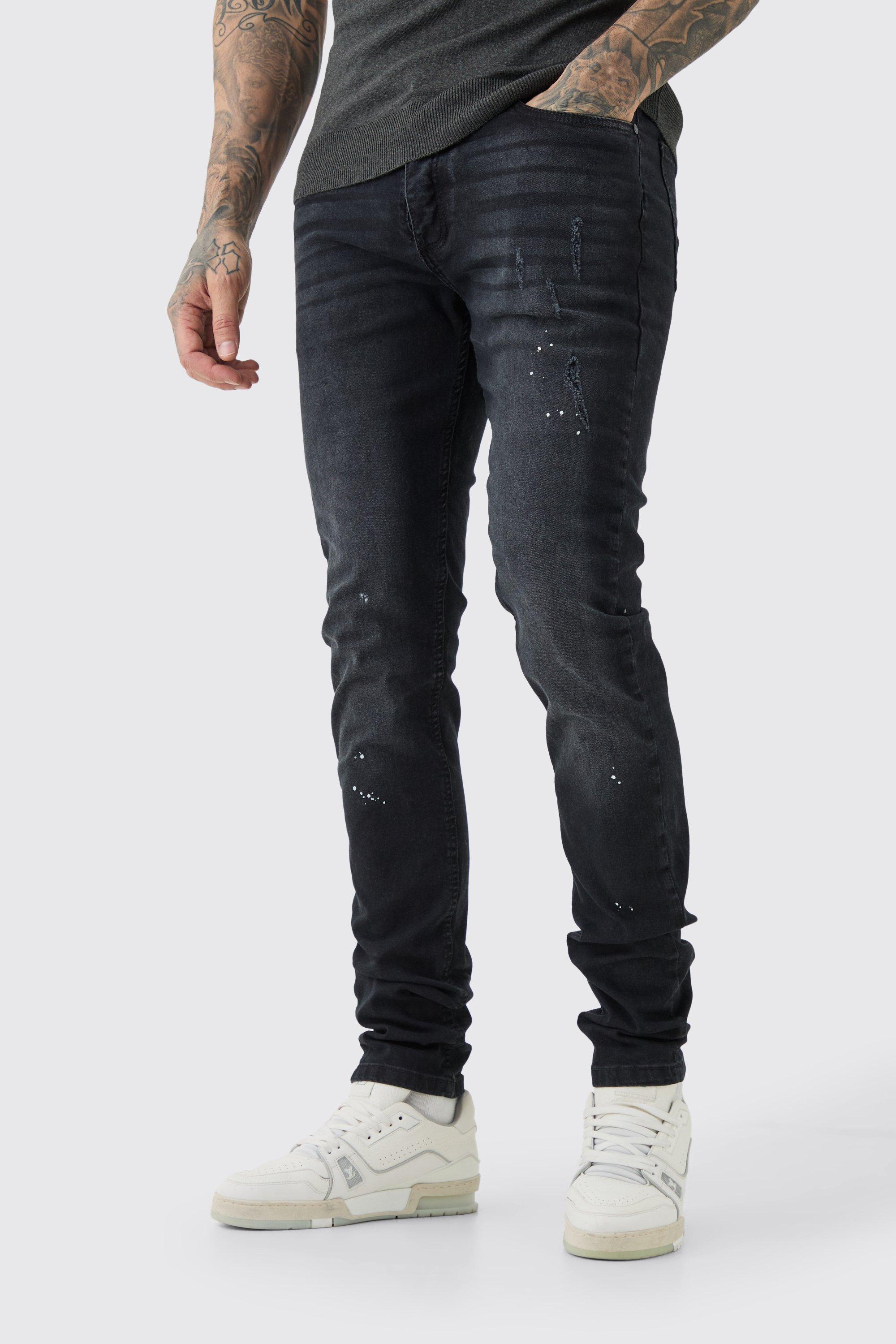 Mens Black Tall Skinny Stretch Stacked Tinted Jeans, Black