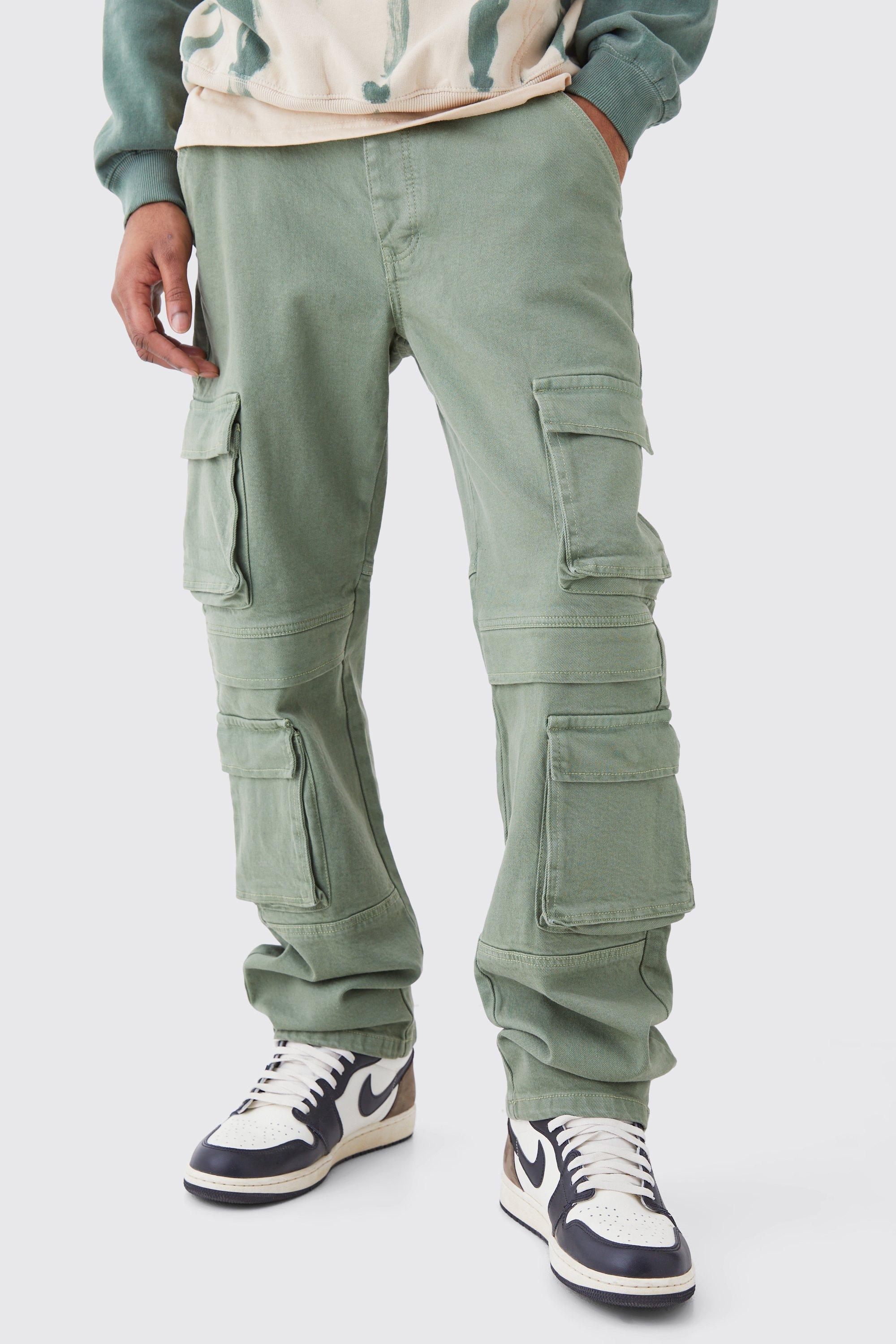 Mens Green Tall Relaxed Fit Washed Multi Pocket Cargo Jeans, Green