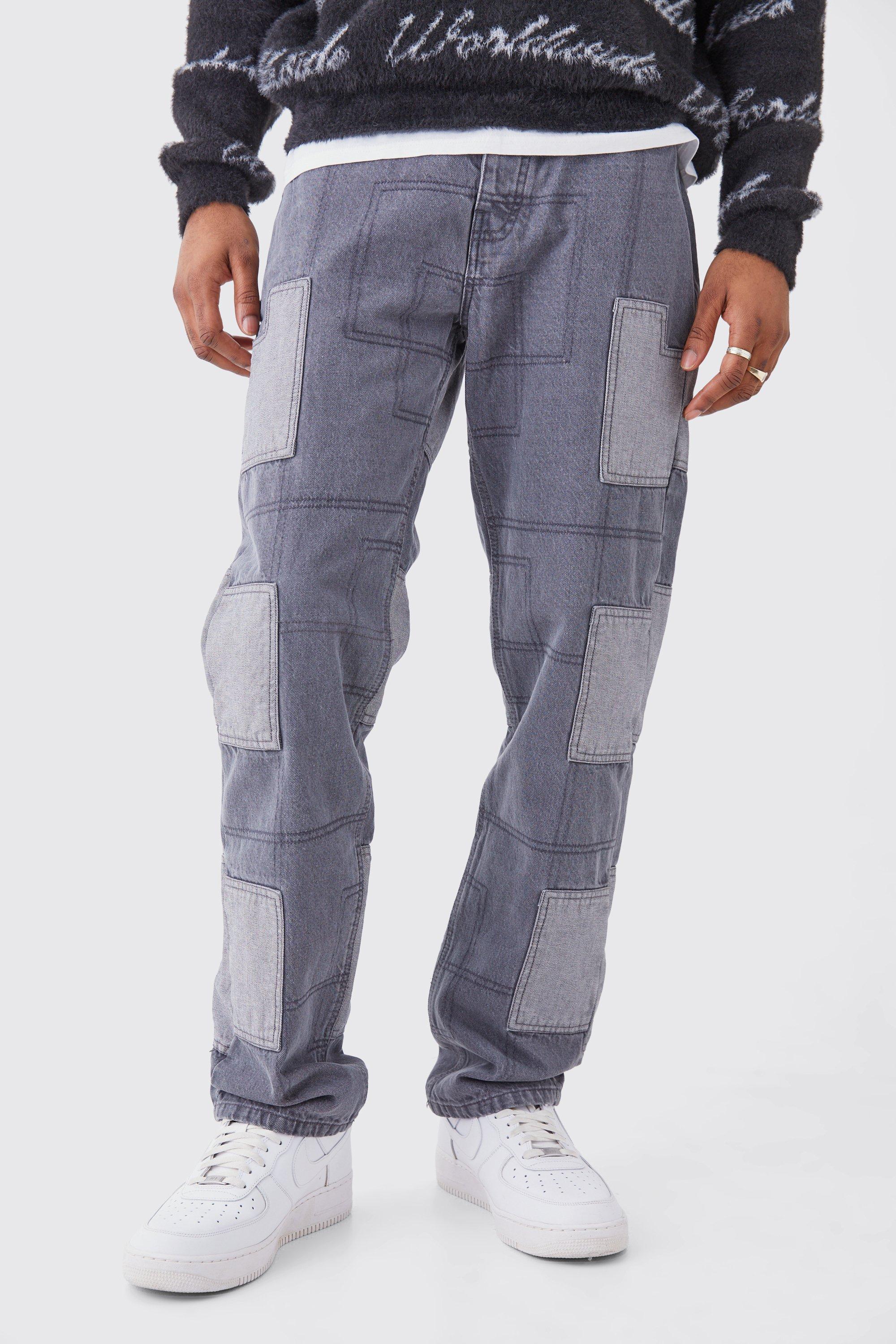 Mens Grey Tall Relaxed Rigid Patchwork Jeans, Grey