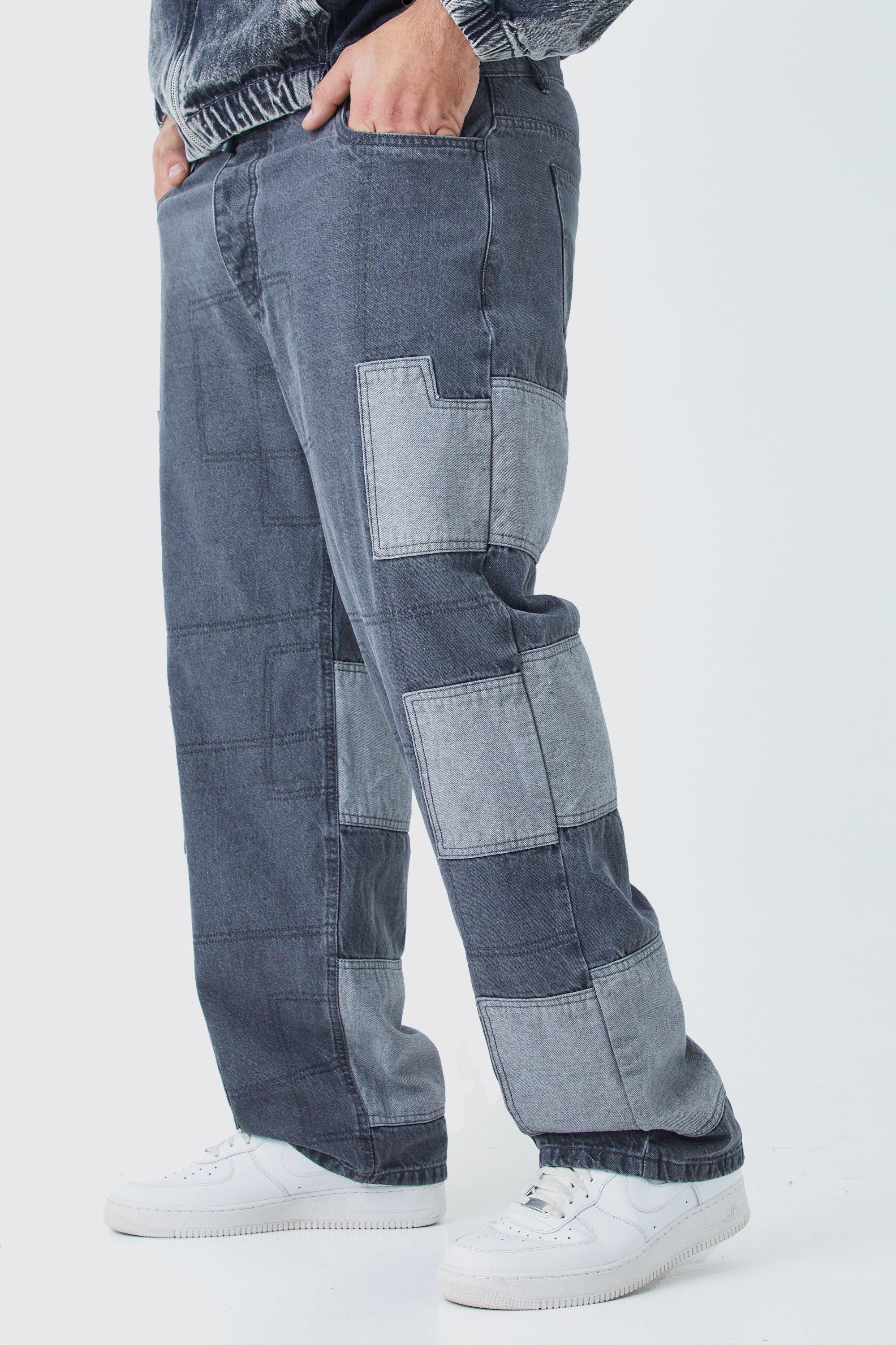 Mens Grey Plus Relaxed Rigid Patchwork Jeans, Grey