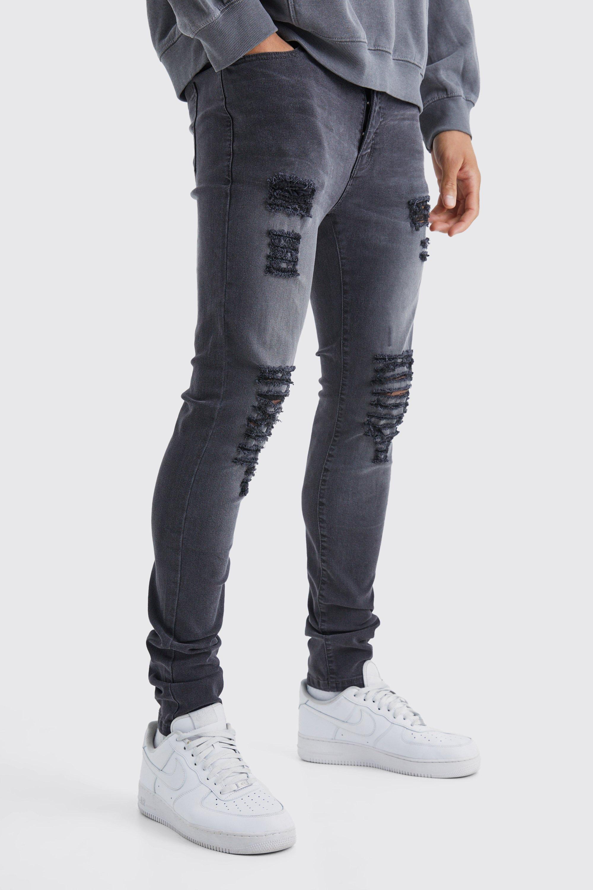 Mens Grey Tall Skinny Jeans With All Over Rips, Grey