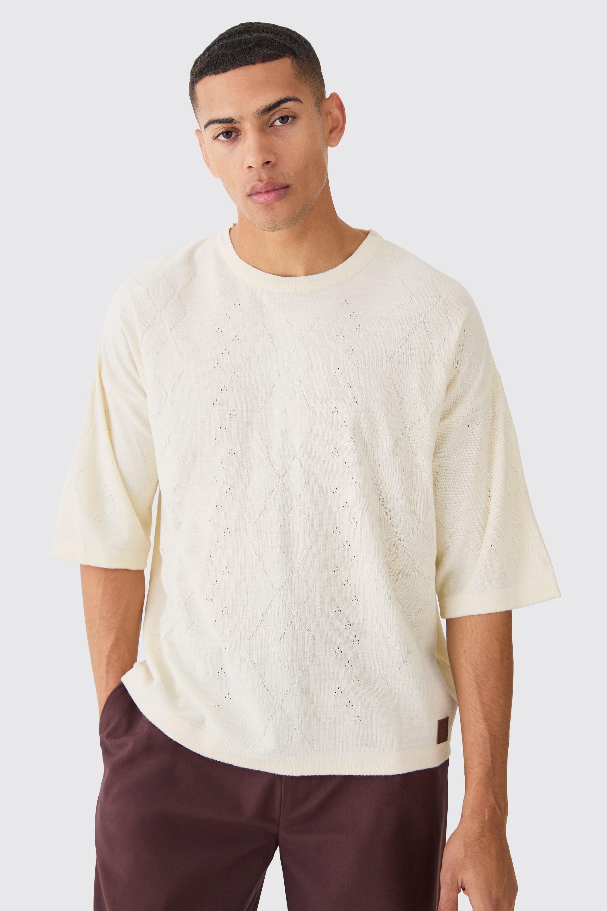 Mens Cream Oversized Boxy Cable Knitted T-shirt, Cream