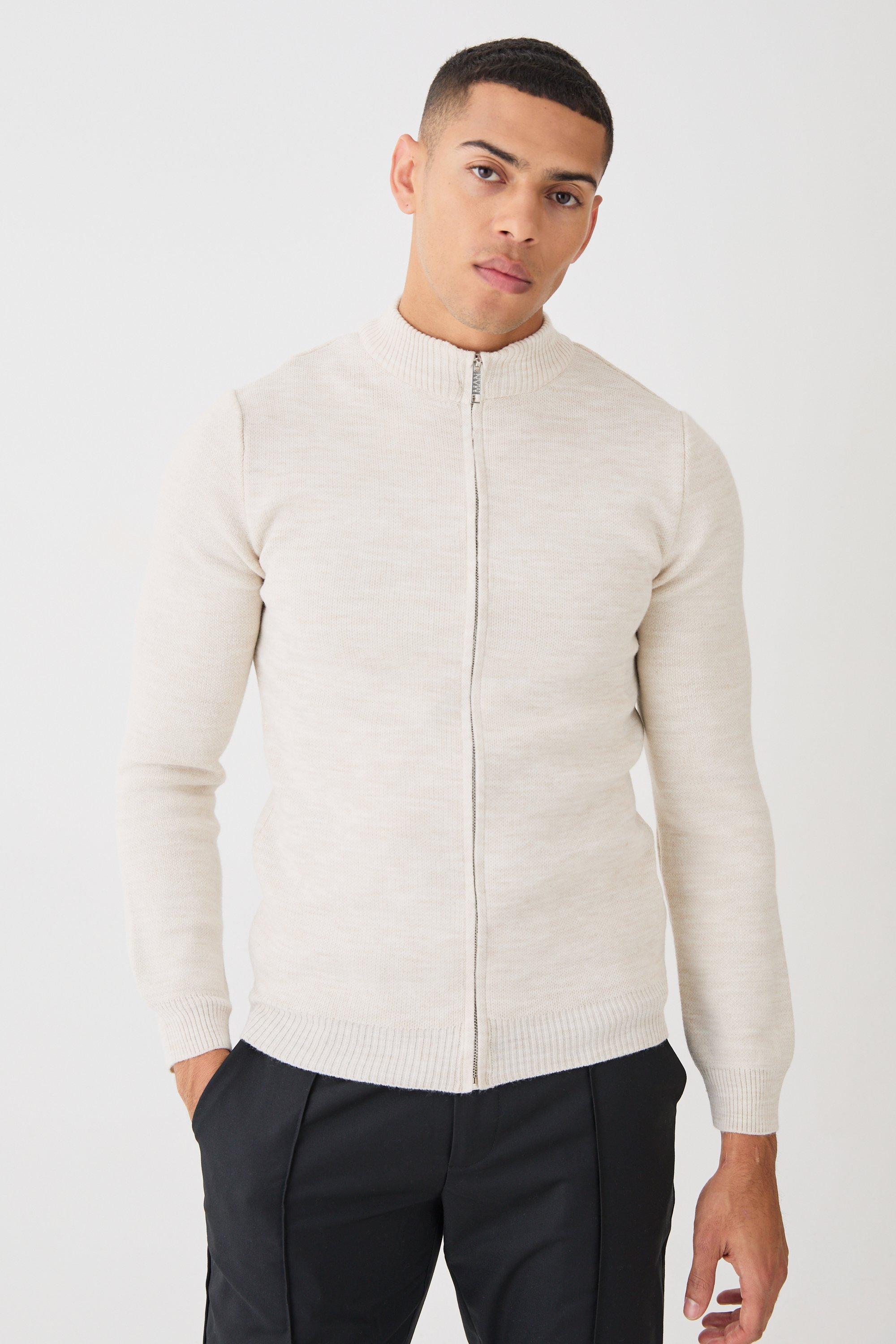 Mens Cream Muscle Fit Zip Through Knitted Jacket, Cream