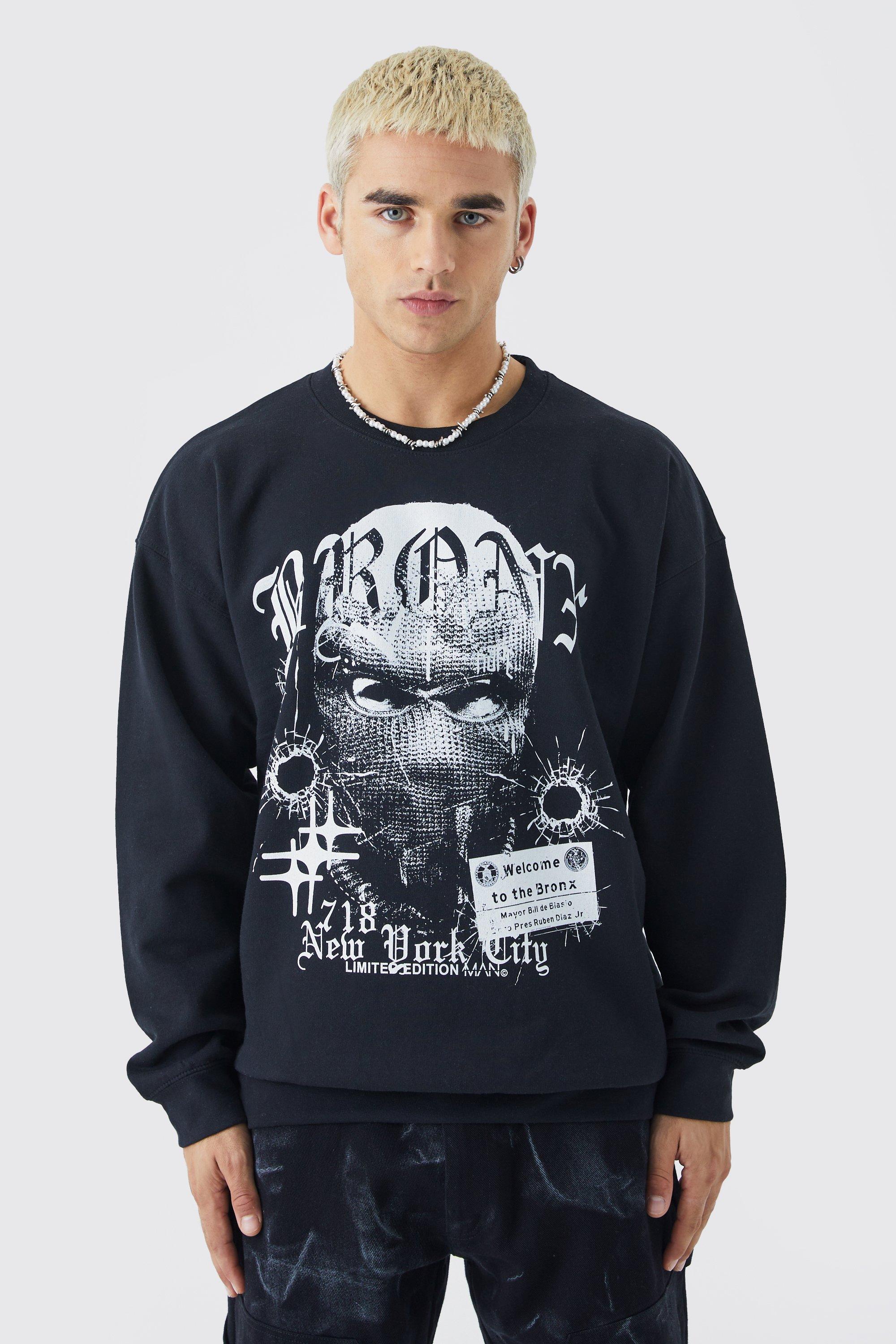 Mens Black Oversized Bronx Graphic Sweatshirt, Black