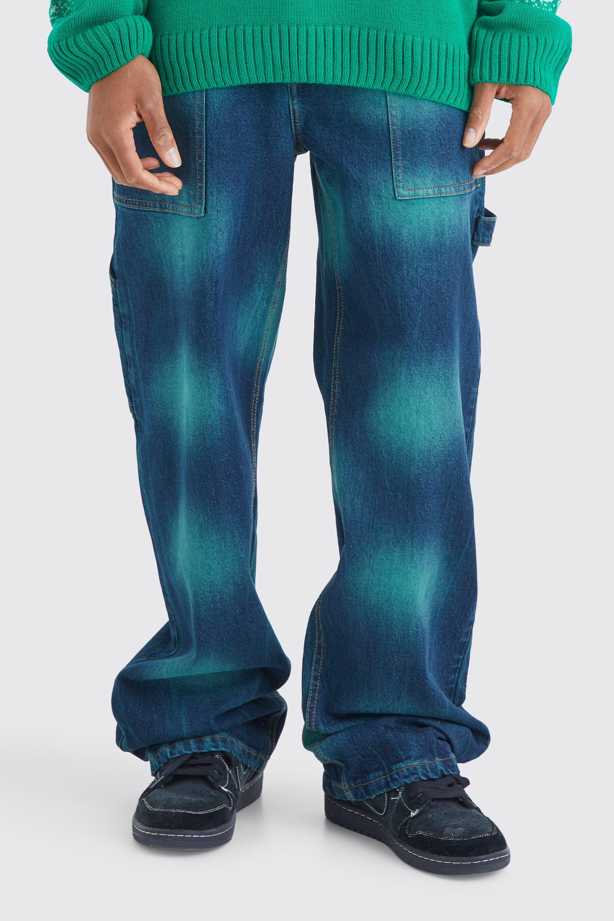 Image of Jeans extra comodi in fantasia tie dye in denim rigido verde, Verde
