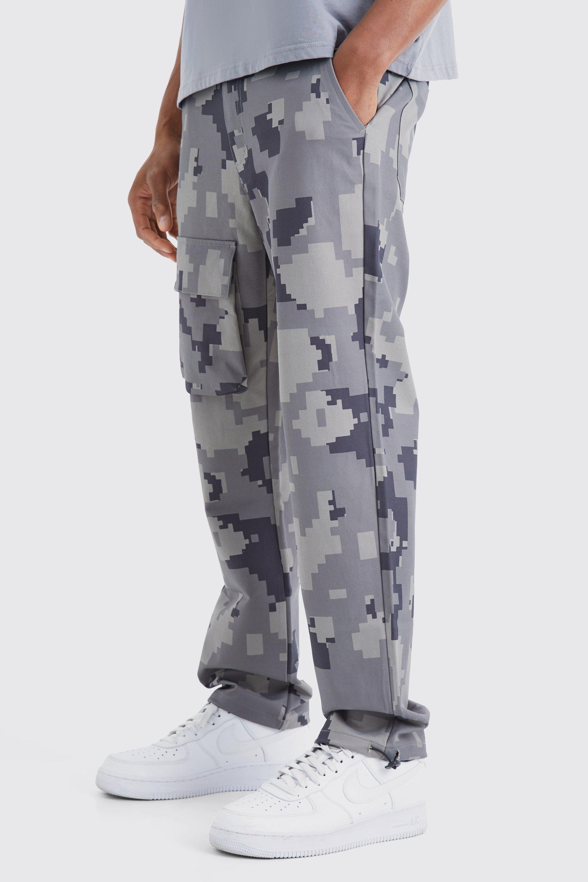 Image of Pantaloni dritti in fantasia militare effetto pixel con tasche Cargo, Grigio