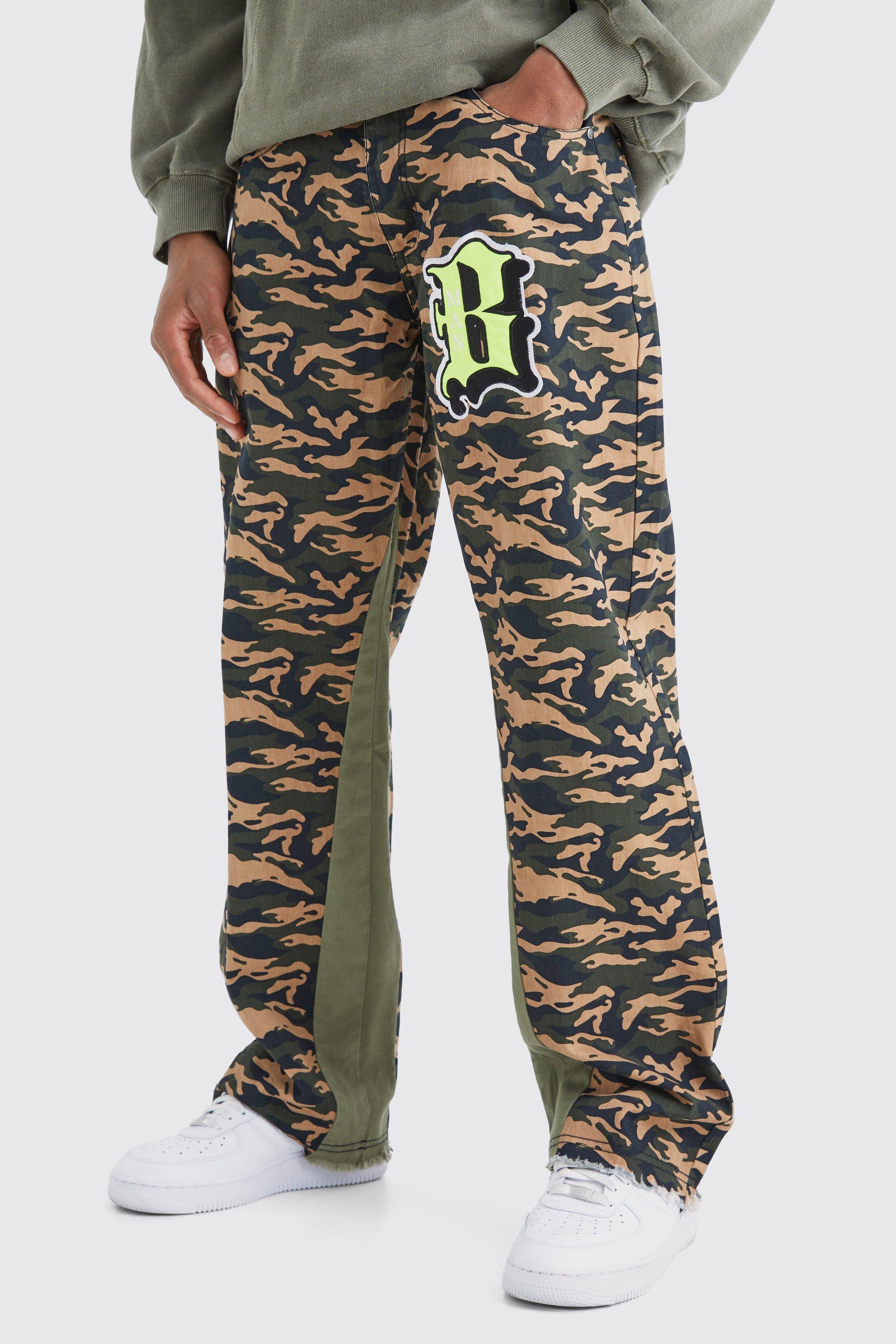 Mens Green Camo Gusset Detail Applique Flared Trousers, Green