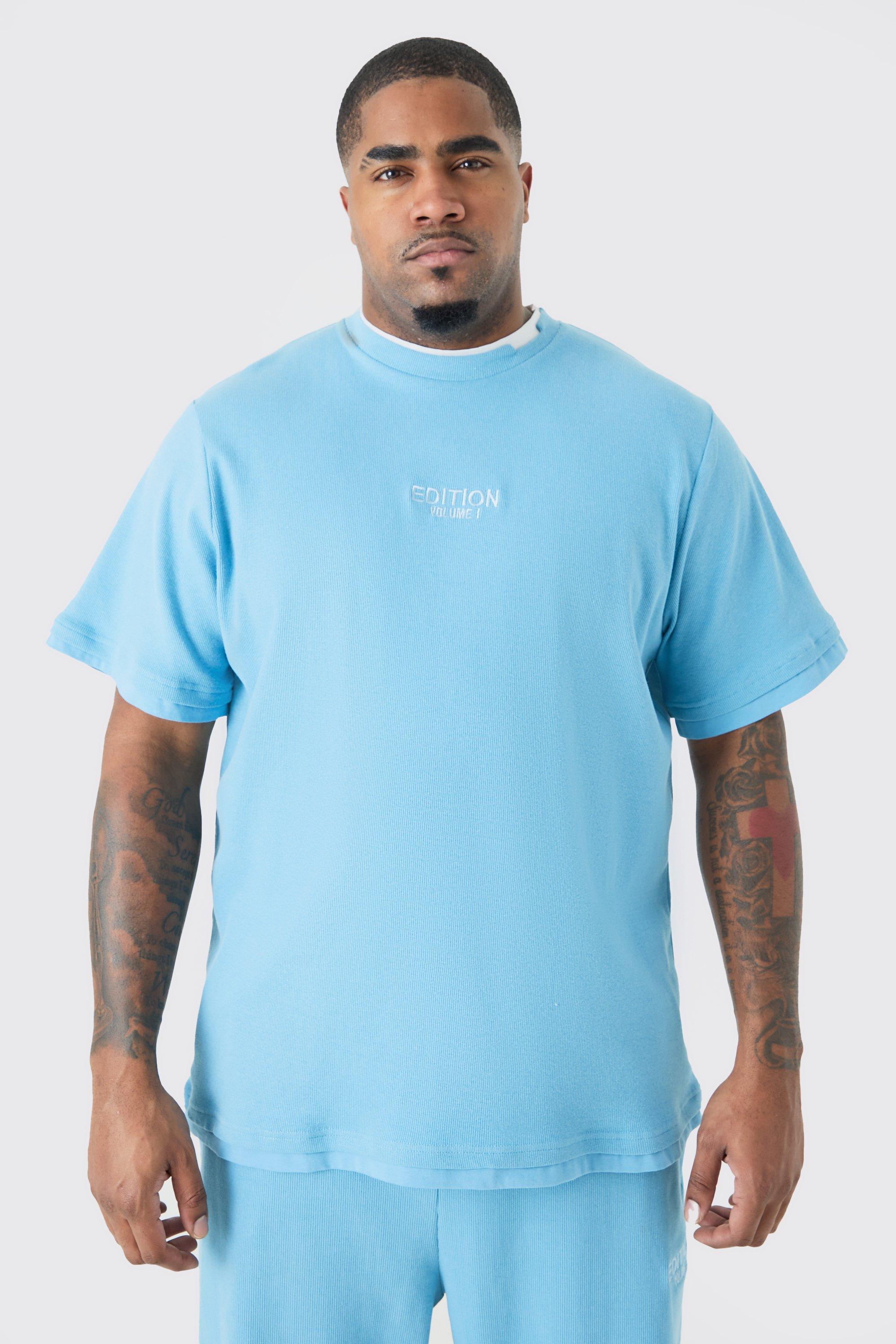 Image of T-shirt Plus Size pesante a coste con finto doppio livello, Azzurro