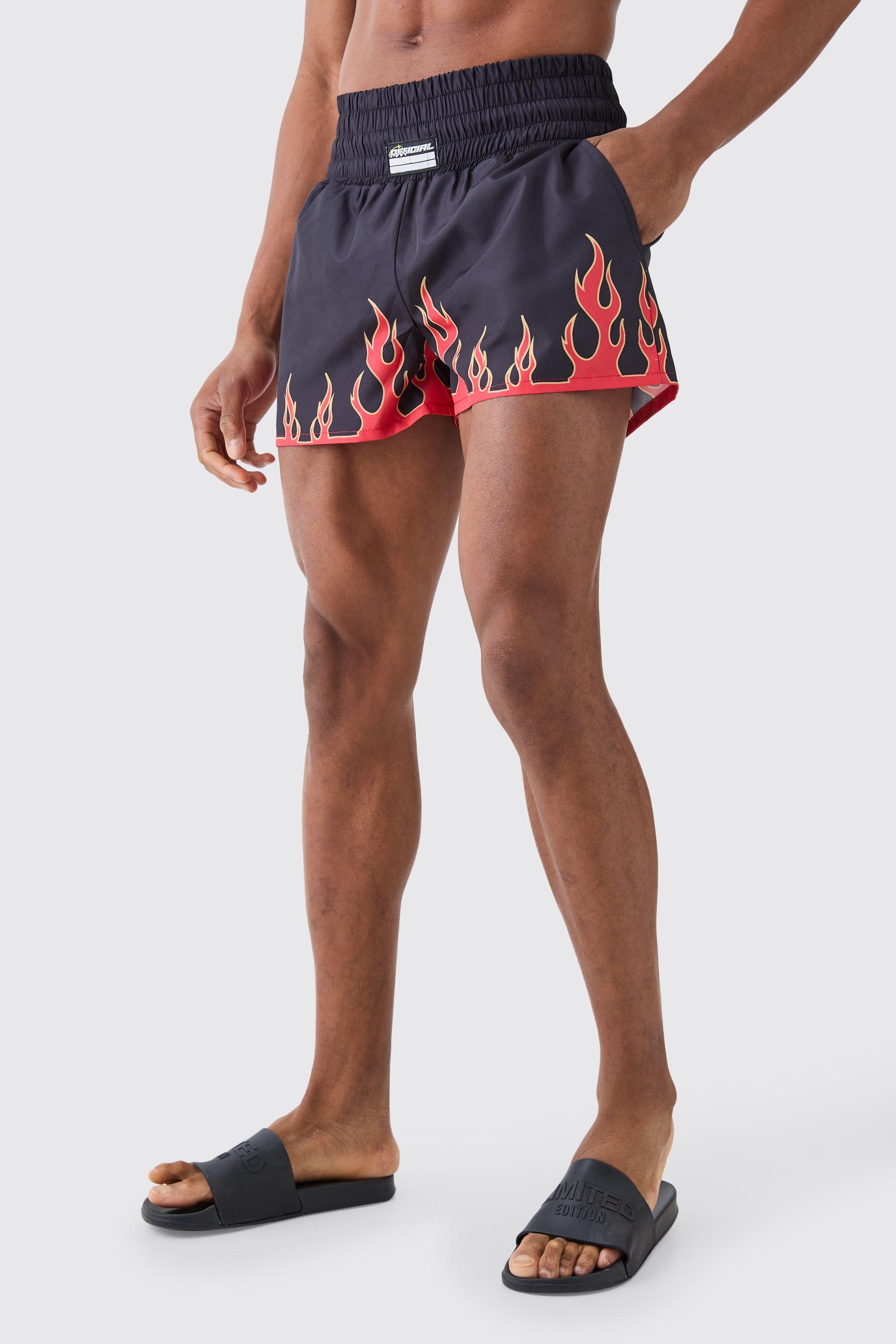 Mens Black Fighter Style Flame Printed Swim Shorts, Black