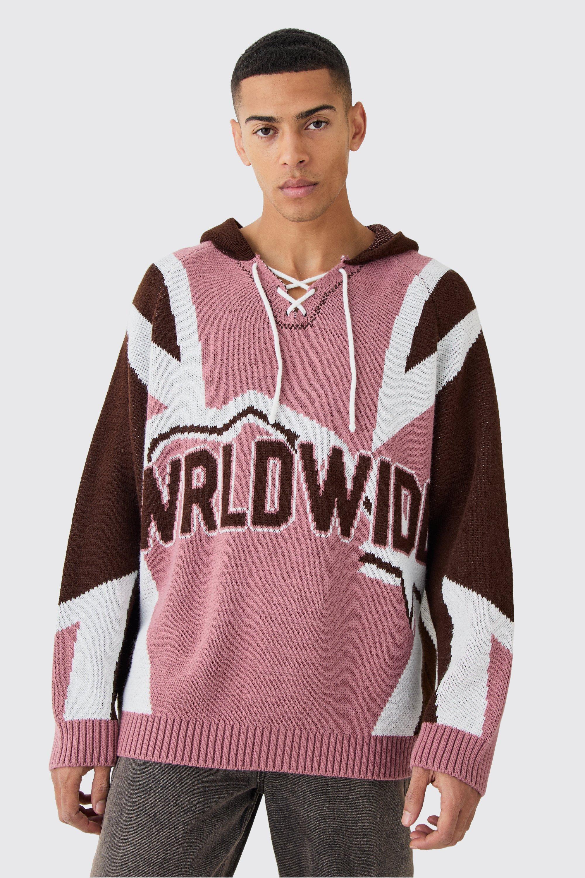 Mens Pink Oversized Lace Up Hockey Jumper With Hood, Pink