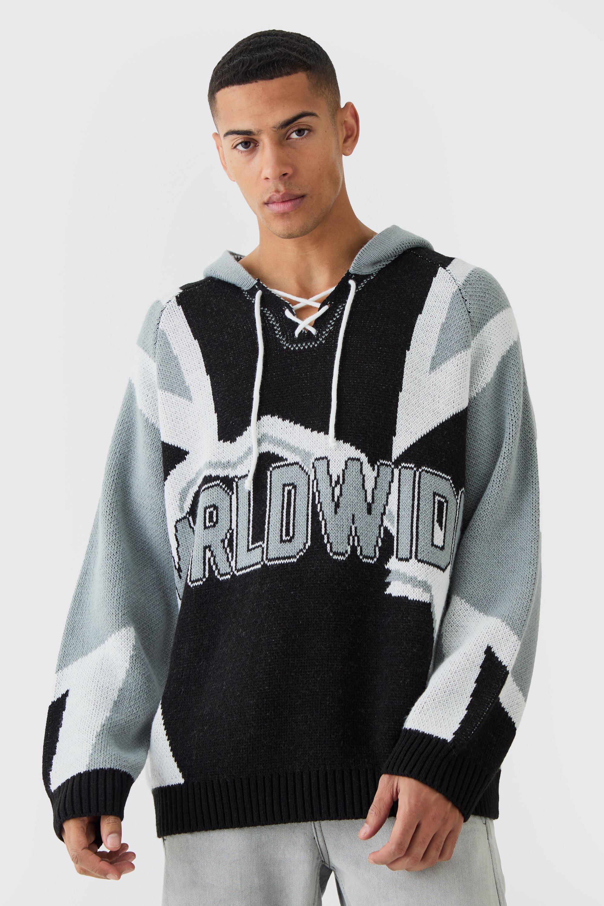 Mens Black Oversized Lace Up Hockey Jumper With Hood, Black