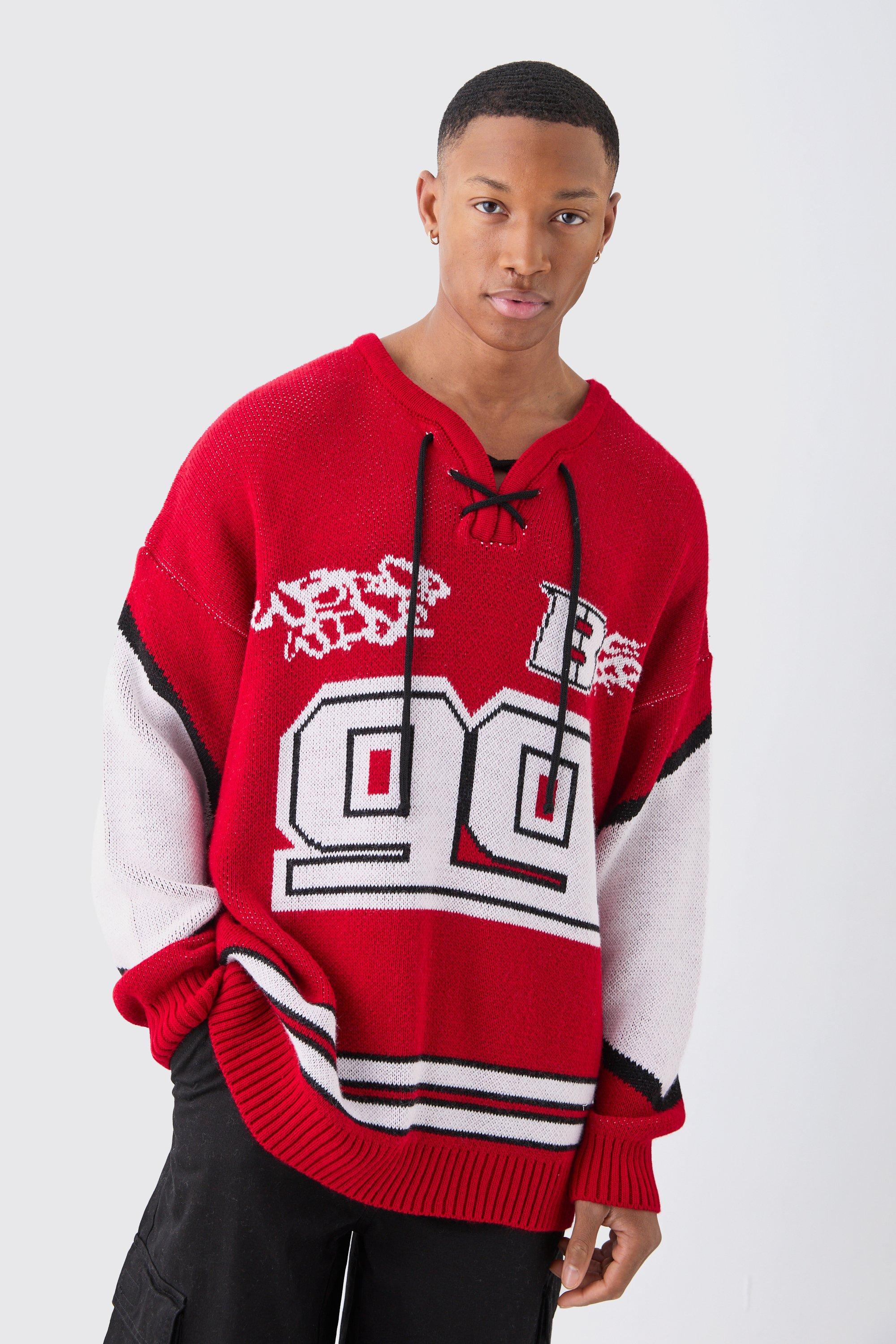 Mens Red Oversized Lace Up Hockey Jumper, Red