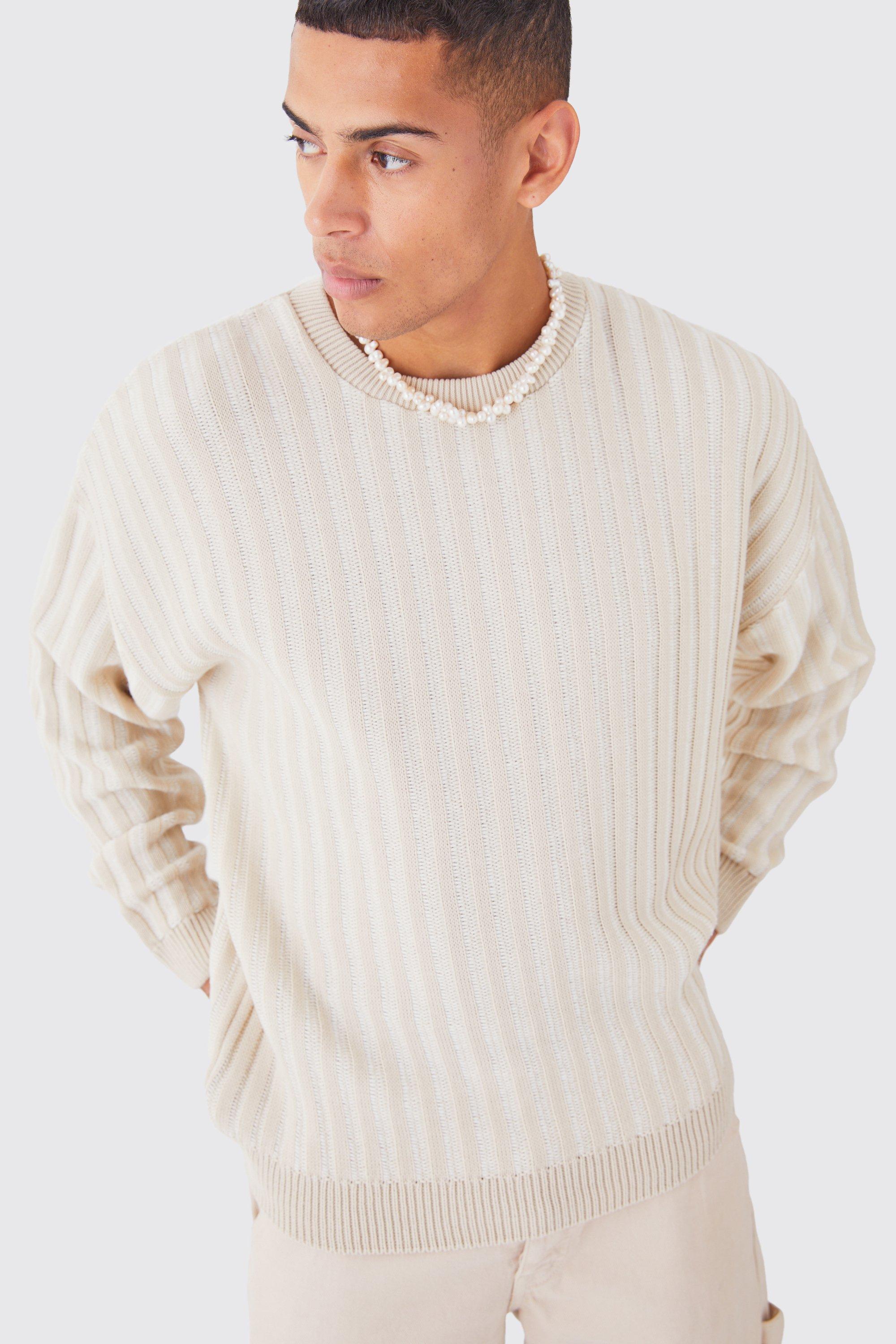 Mens Beige Oversized Crew Neck Two Tone Rib Knitted Jumper, Beige
