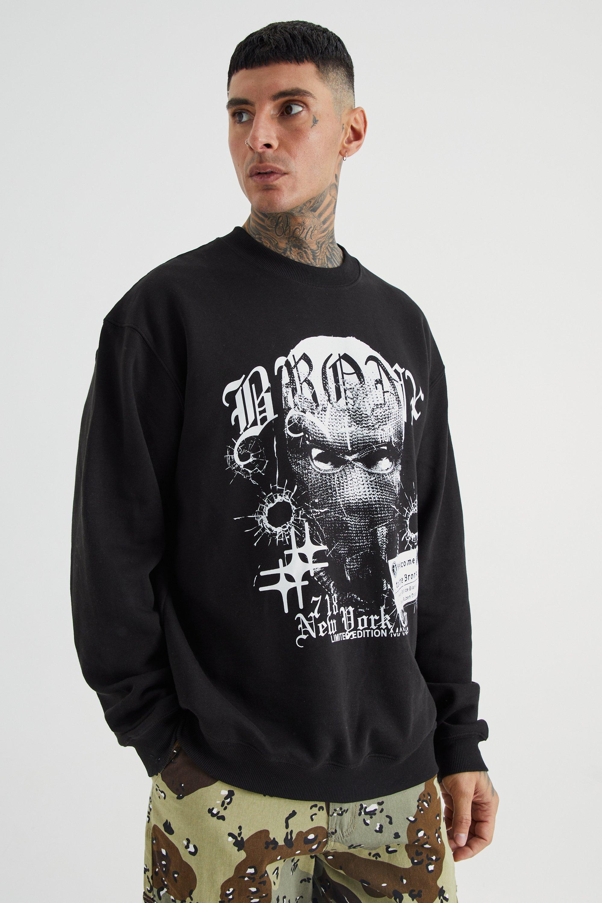 Mens Black Tall Oversized Bronx Graphic Extended Neck Sweatshirt, Black