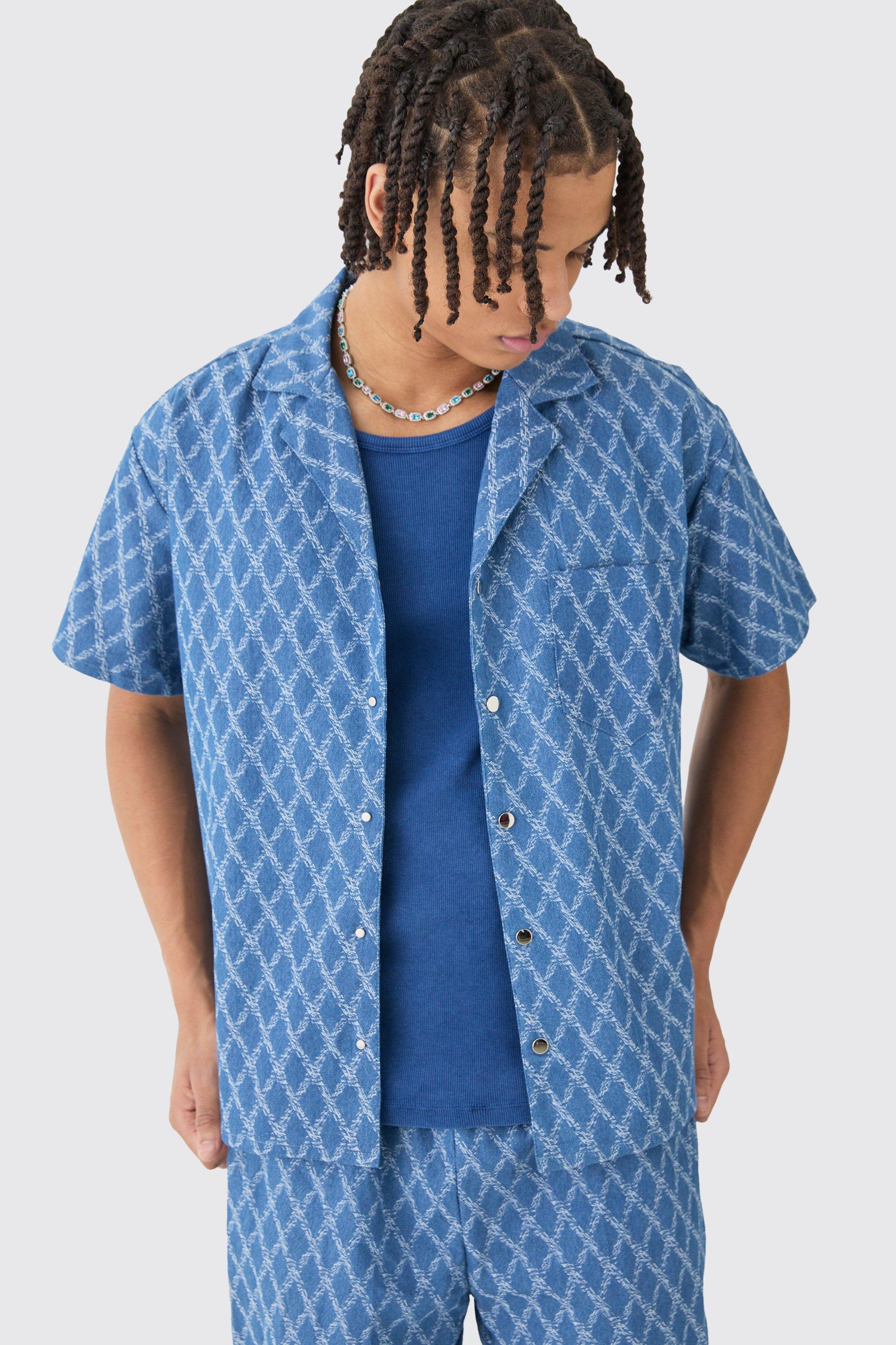 Image of Camicia squadrata in denim in tessuto a contrasto, Azzurro