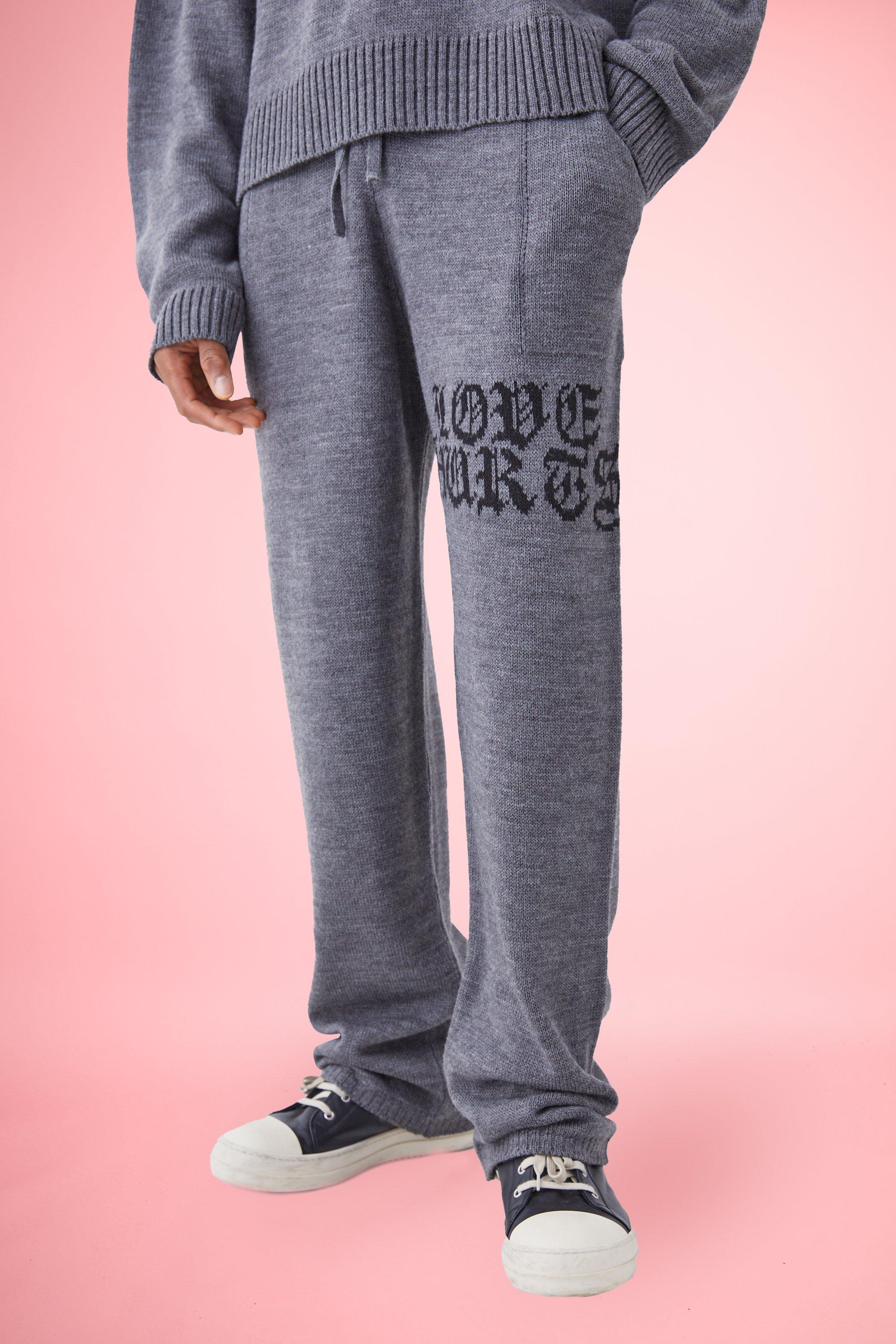 Mens Grey Relaxed Knitted Joggers With Gothic Font, Grey