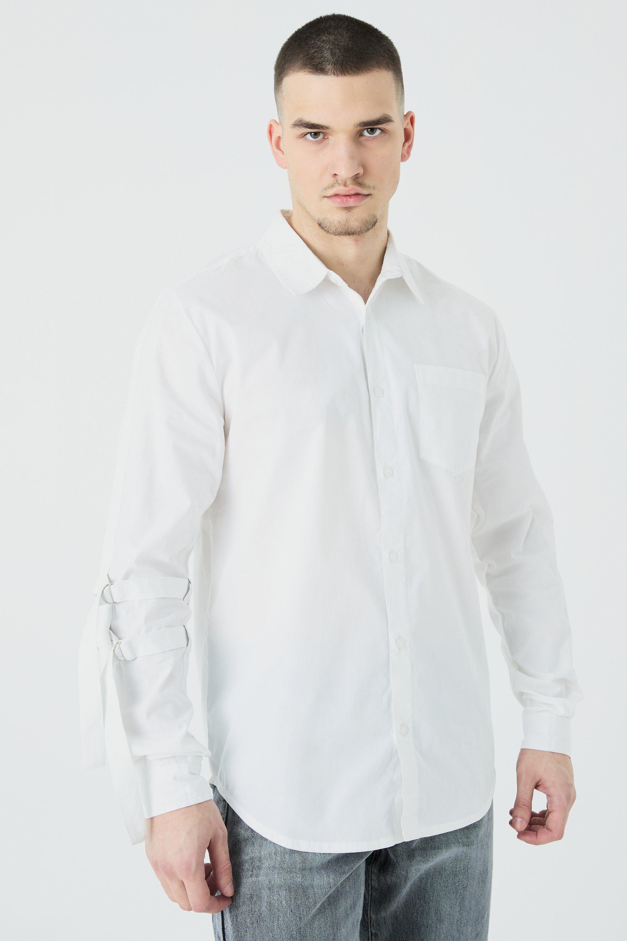 Mens White Tall Longsleeve Cinch Strap Shirt, White