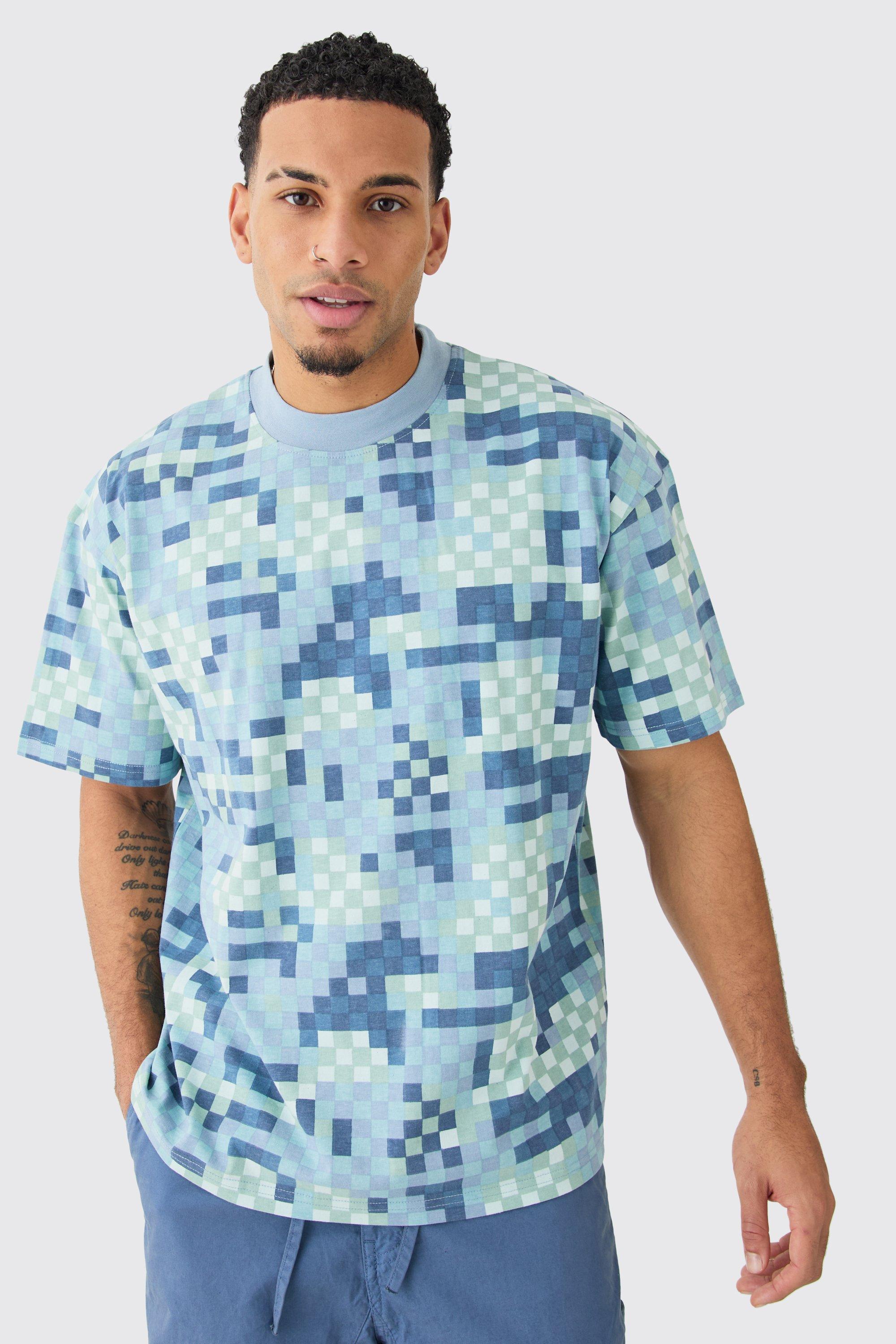 Image of T-shirt pesante oversize in fantasia militare con pixel e girocollo esteso, Azzurro