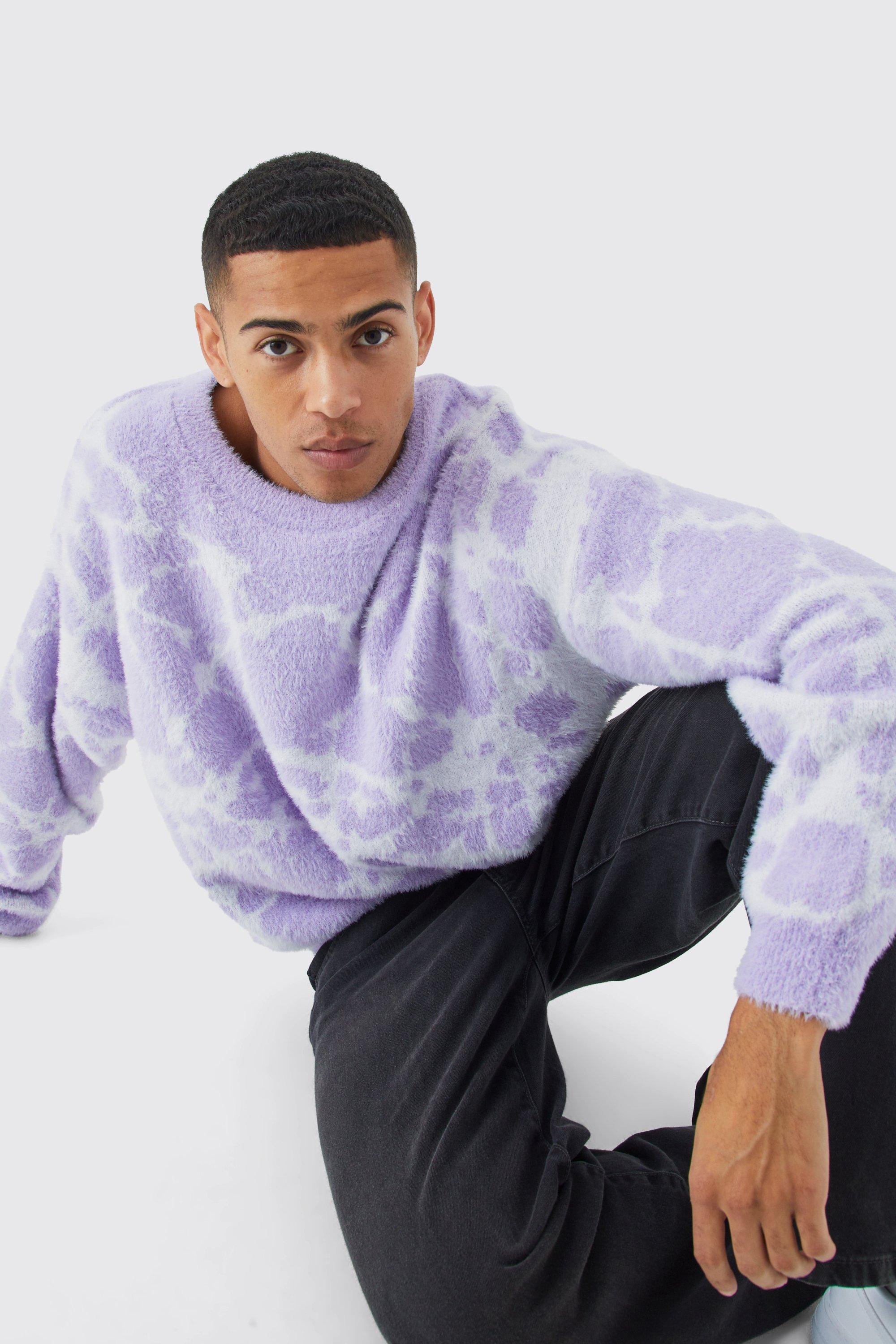 Mens Purple Fluffy Abstract Knitted Boxy Jumper, Purple