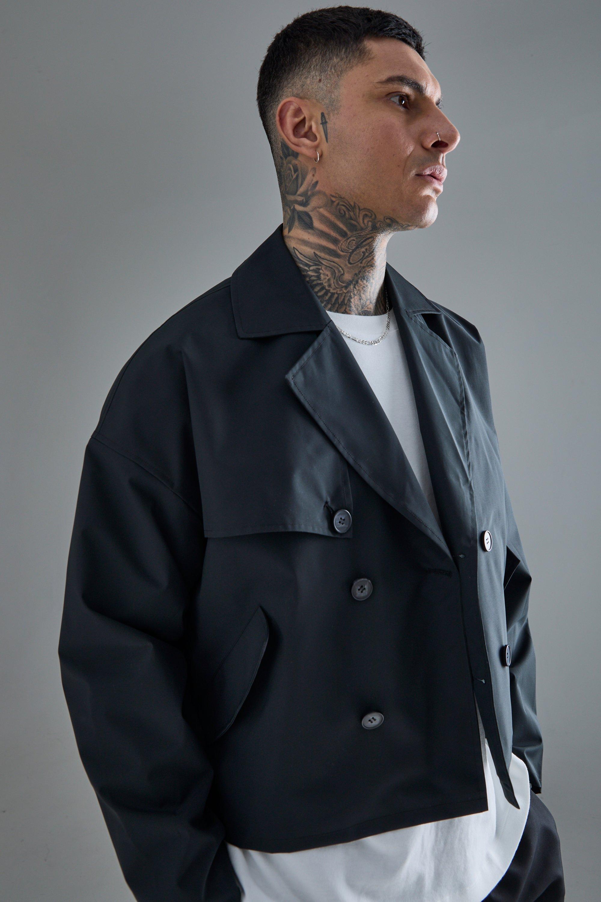 tall cropped double breasted trench coat homme - noir - s, noir