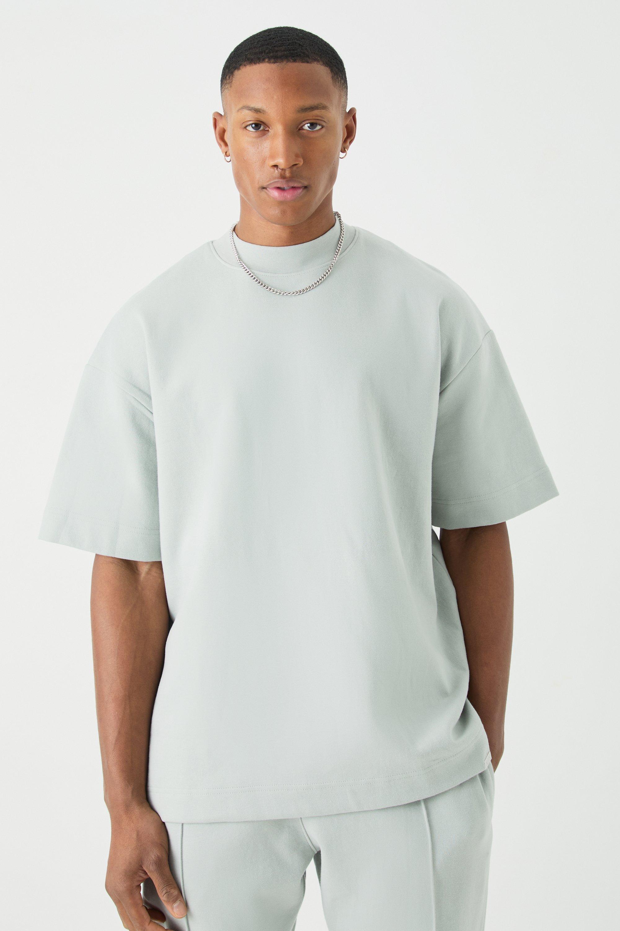Image of T-shirt Man oversize pesante in maglia intrecciata con girocollo esteso, Grigio