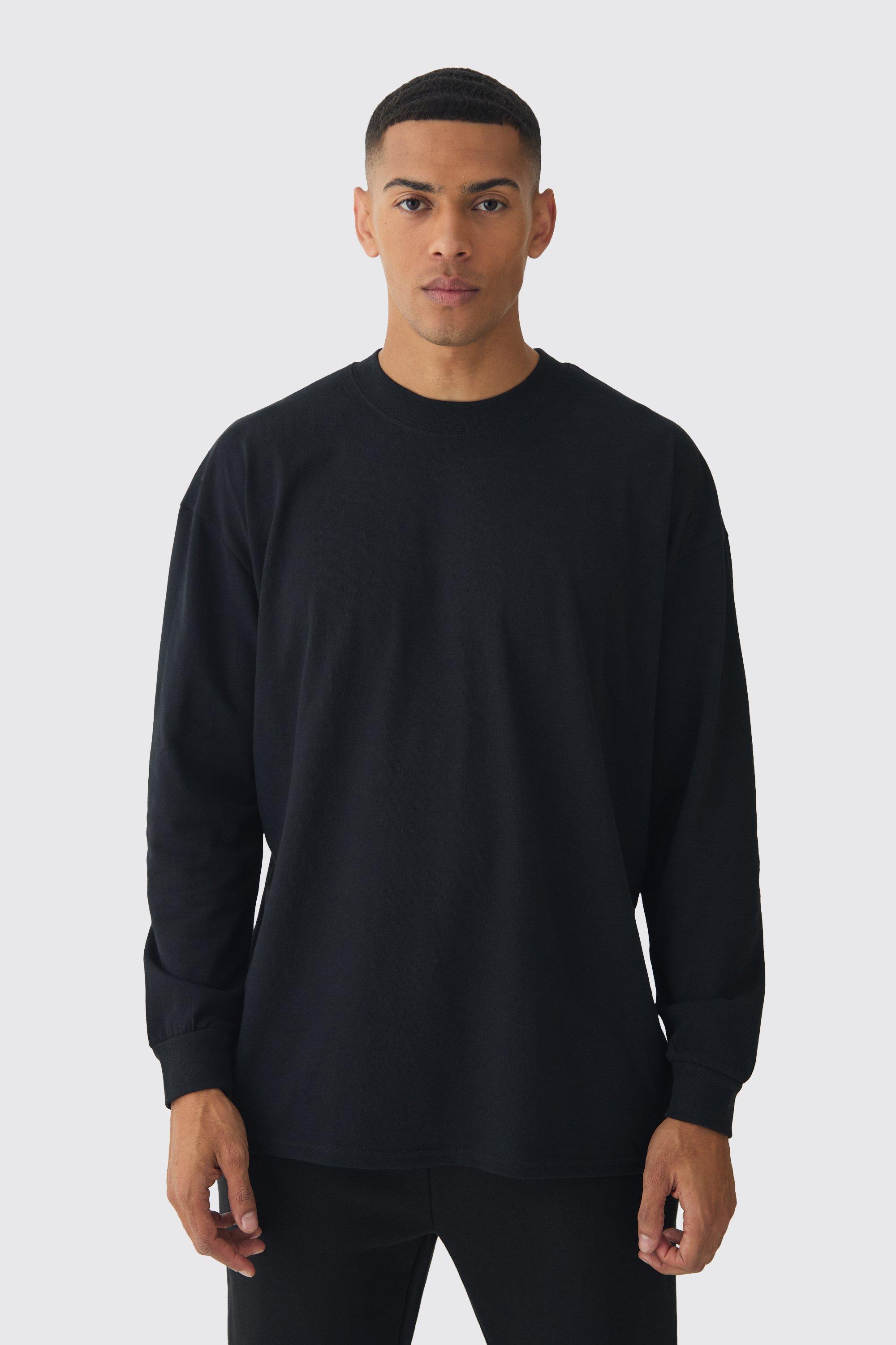 Mens Black Oversized Long Sleeve Crew Neck T-shirt, Black