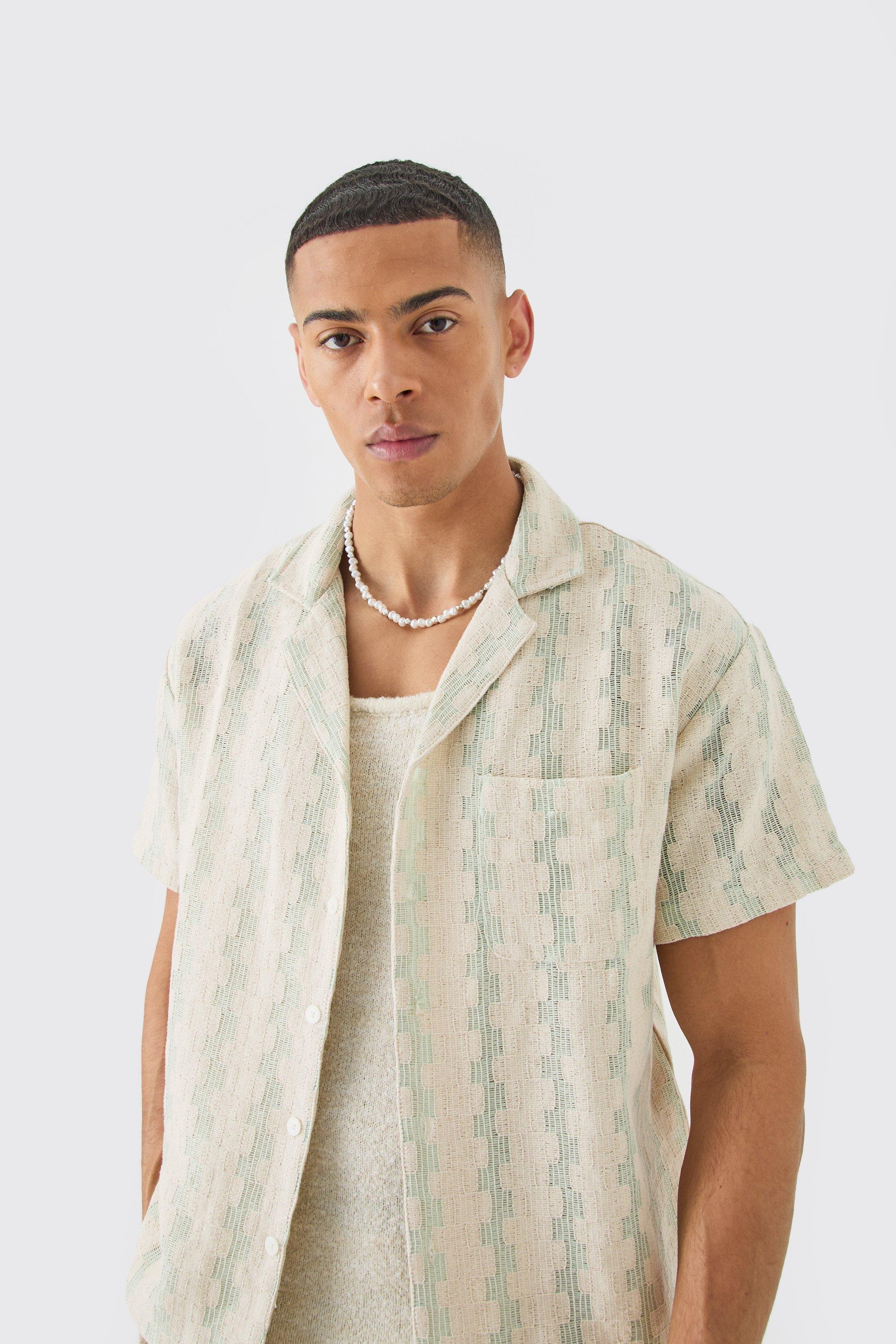 Image of Open Weave Geometric Stripe Boxy Shirt, Verde