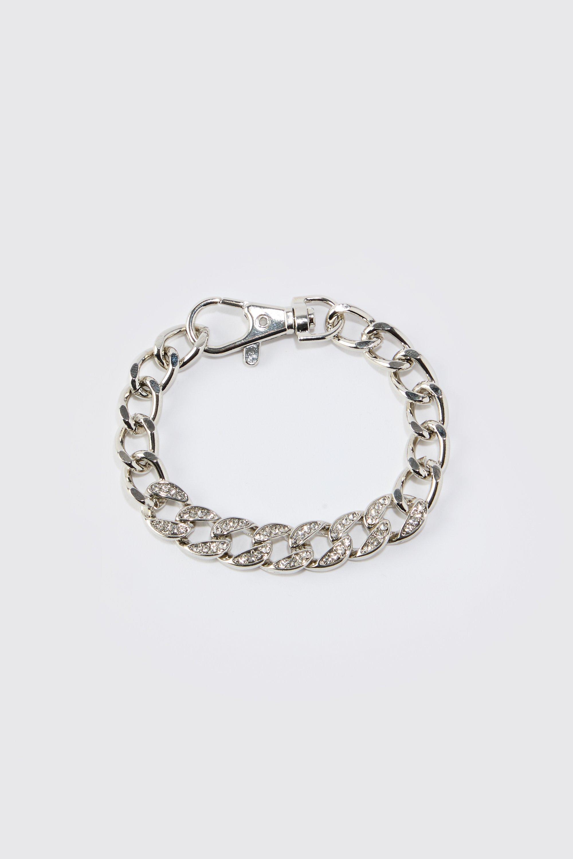 Mens Grey Rhinestone Chunky Chain Clasp Detail Bracelet, Grey