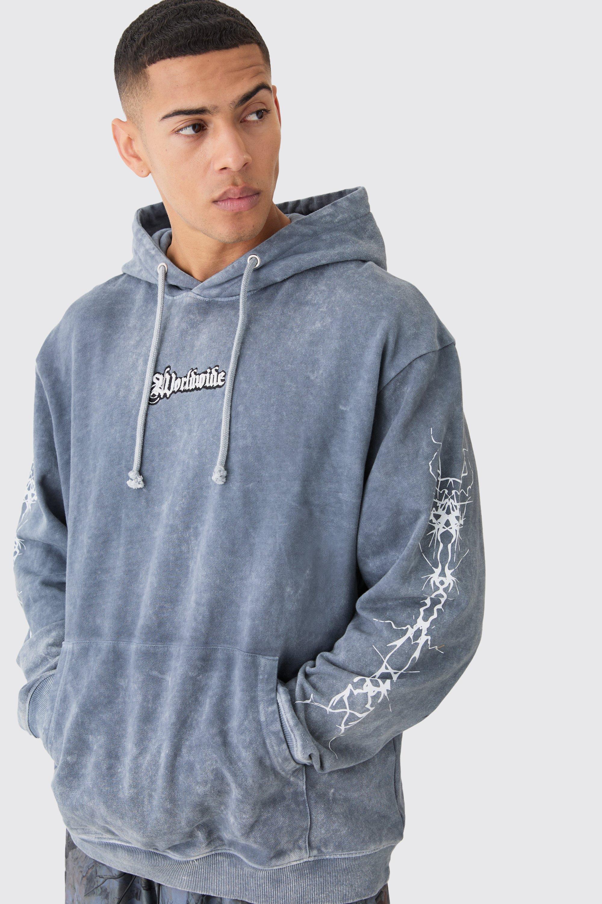Image of Oversized Acid Wash Embroidered Wing Graphic Hoodie, Grigio
