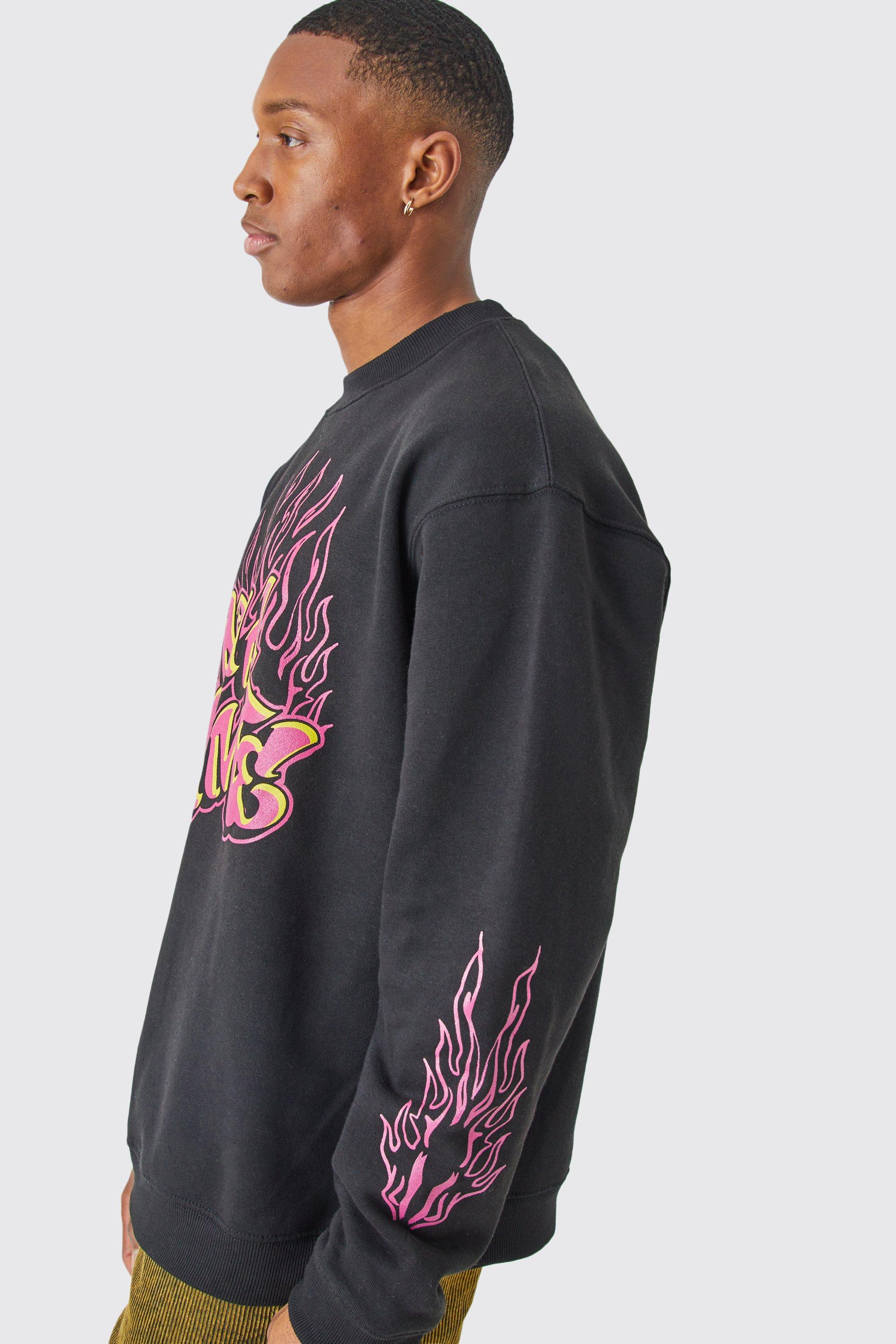 Mens Black Oversized Extended Neck Grafitti Graphic Sweatshirt, Black
